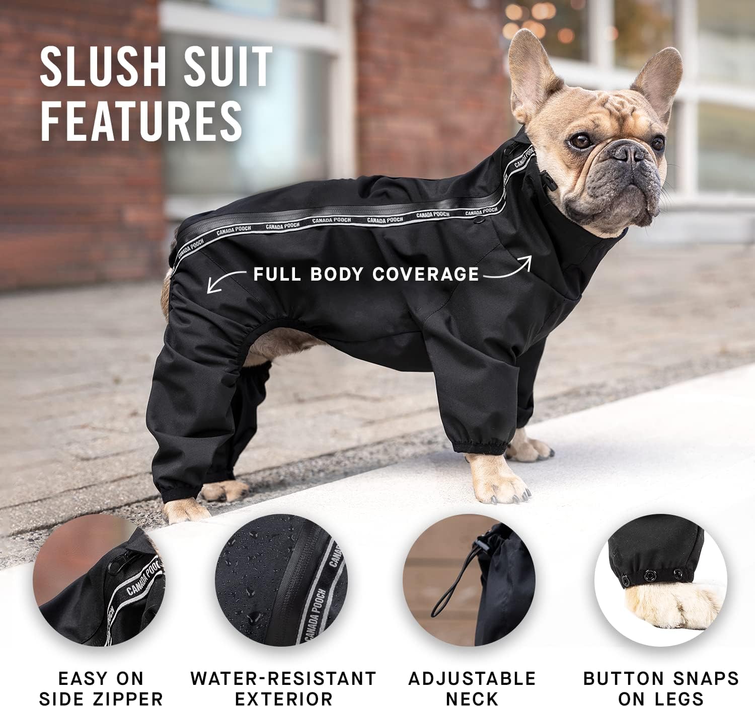 Canada Pooch Dog Slush Suit Dog Bodysuit for Rain and Snow Full Body Dog Suit Water-Resistant Dog Onesie (Black, 12 (11-13" Back Length))