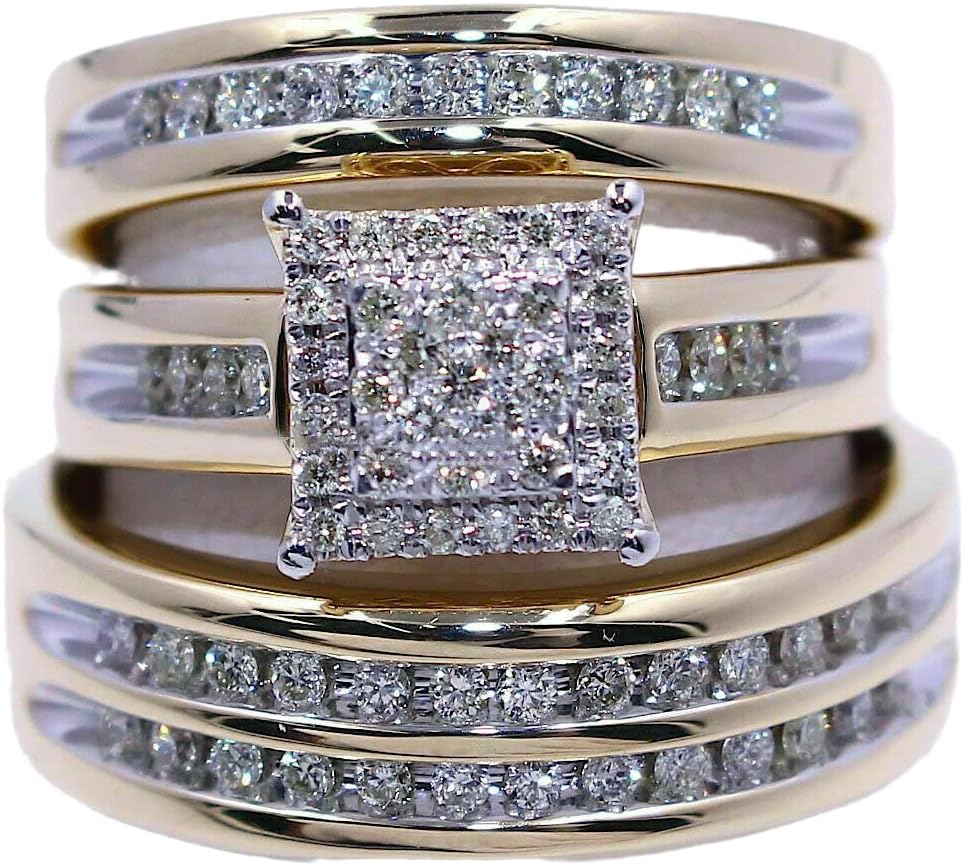 Ssjewel 3 CT Simulated Diamond Trio Set His Hers Wedding Ring 14K Yellow Gold Finish Handmade Anniversary Stackable Matching Gorgeous 925 Sterling Silver Ring Gifts