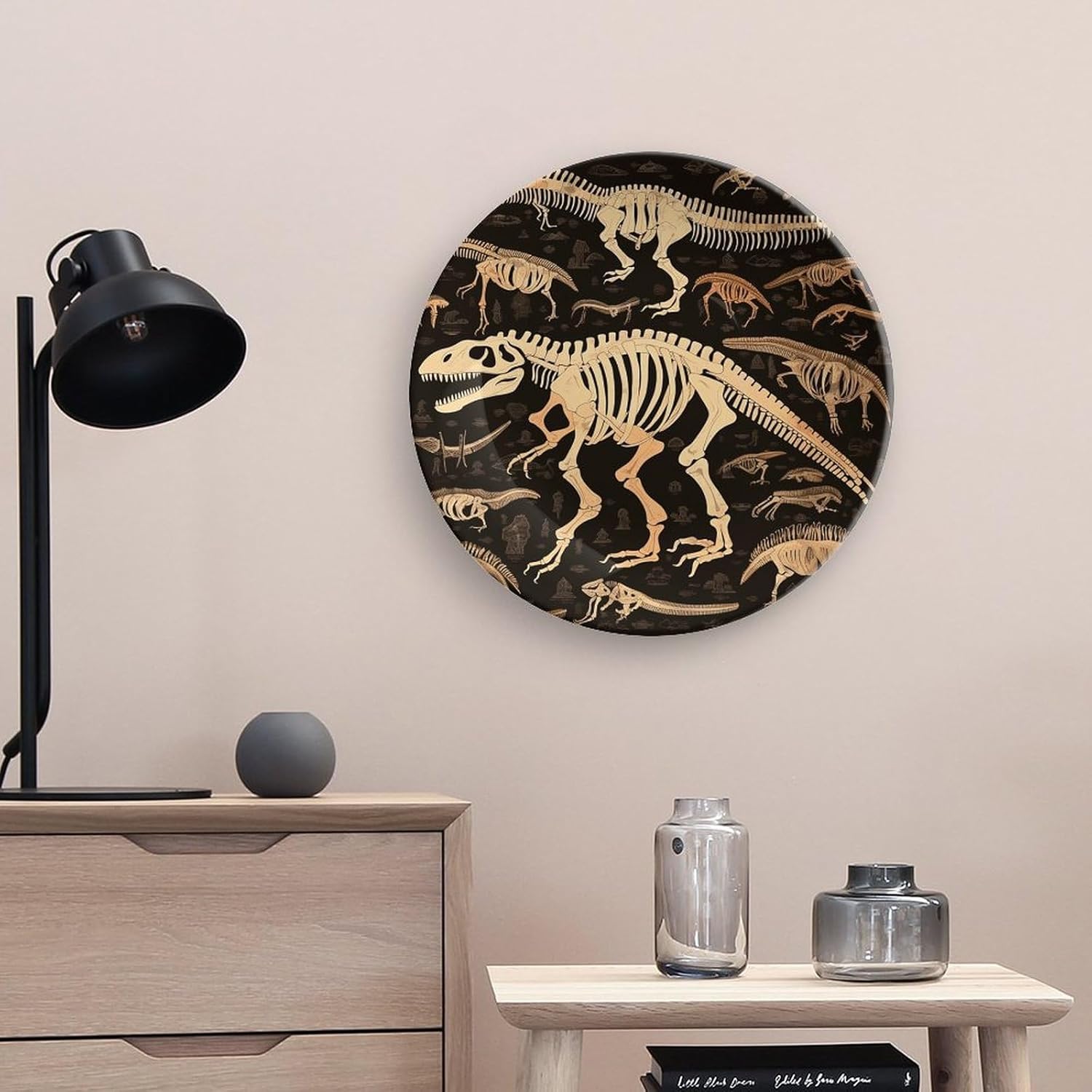Dinosaur Skeleton Print Bone China Decorative Plate with Display Stand, Ceramic Ornaments Plate for Wall Hanging, Personalized Porcelain Plates for Office, Living Room 10inch