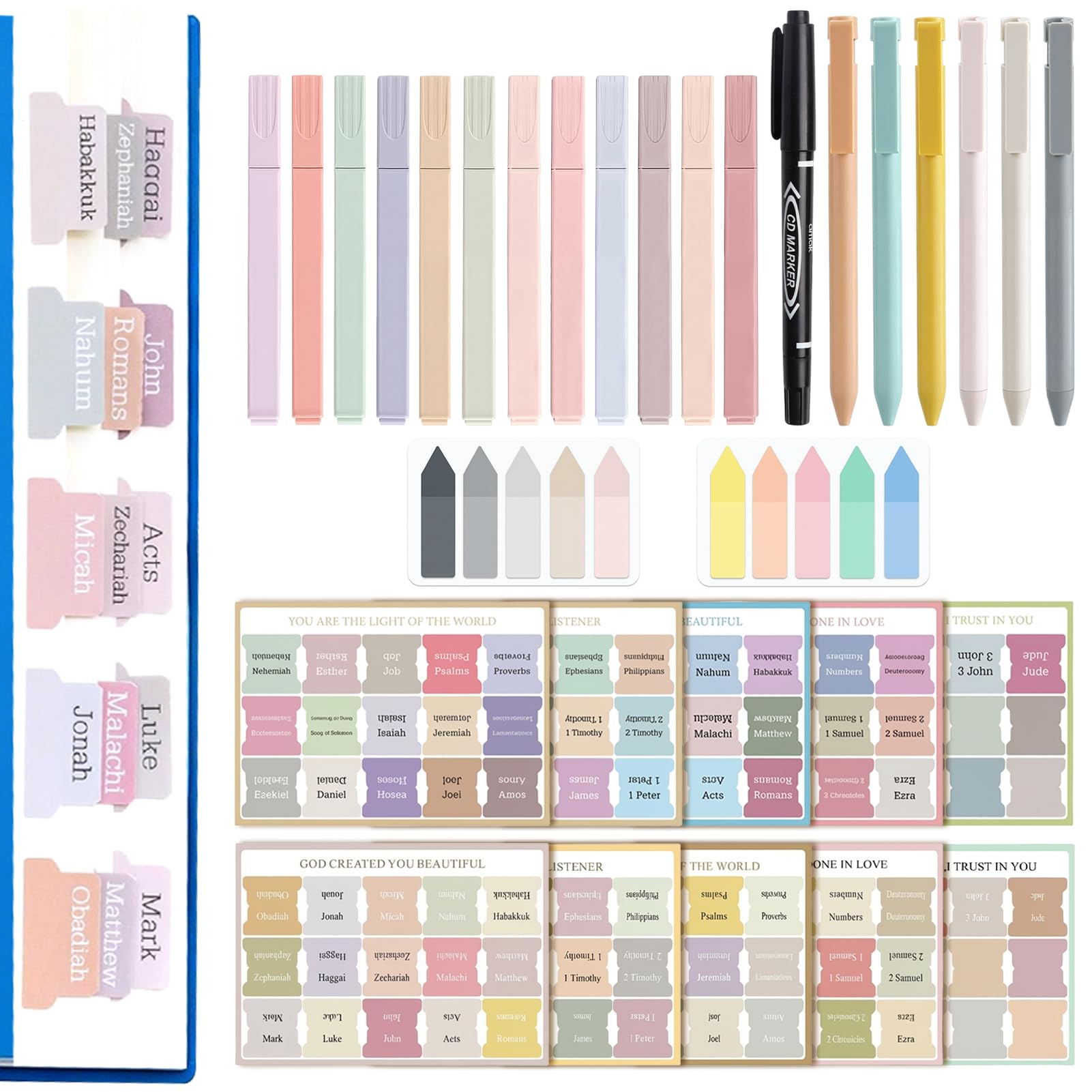 Peaflew 31 PCS Bible Study Kit with 10 Sheets of Bible Tabs, 12 No Bleed Highlighters, 6 Gel Pens, 1 Double-headed Marker Pen & Sticky Notes, Bible Journaling Kit for Notes, Study & Journaling