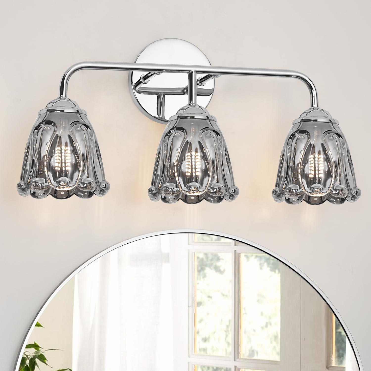 Daunton Vintage 3 Light Vanity Light, Chrome Bathroom Vanity Light, Bathroom Light Fixtures with Smokegray Glass Shade, Antique Vanity Light Fixtures Over Mirror, Wall Sconce for Bedroom, Living Room
