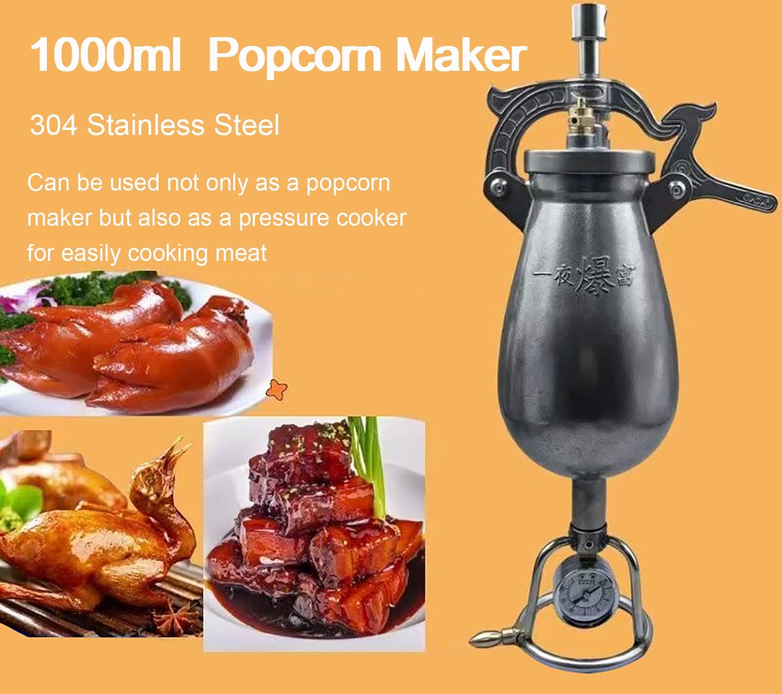 Nueva MáQuina Palomitas MaíZ 1000 Ml, CañóN Palomitas Acero Inoxidable 304, MáQuina Palomitas Aire Caliente, Se Calienta Con Estufa De Gas, Uso DoméStico/Comercial(1000ml)