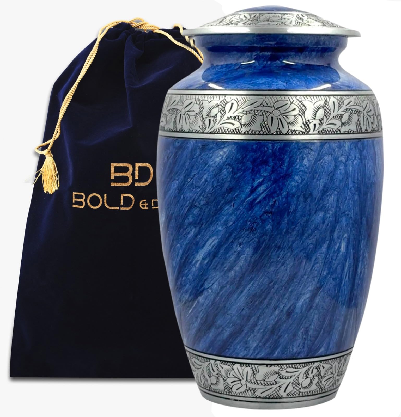 BOLD & DIVINE Blue Floral Cremation Urn for Adult Ashes - Mom & Dad - Large Memorial Urn, Blue Large Urn
