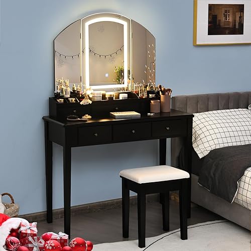 LDAILY Juego de tocador con espejos plegables iluminados escritorio de tocador con taburete acolchado cajones y compartimentos de almacenamiento