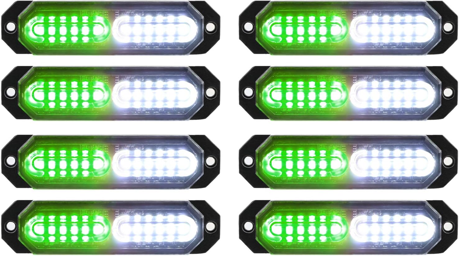 ASPL 8pcs Sync Feature Ultra Slim 12-LED Surface Mount Flashing Strobe Lights for Truck Car Vehicle LED Mini Grille Light Head Emergency Beacon Hazard Warning lights (Green/White)