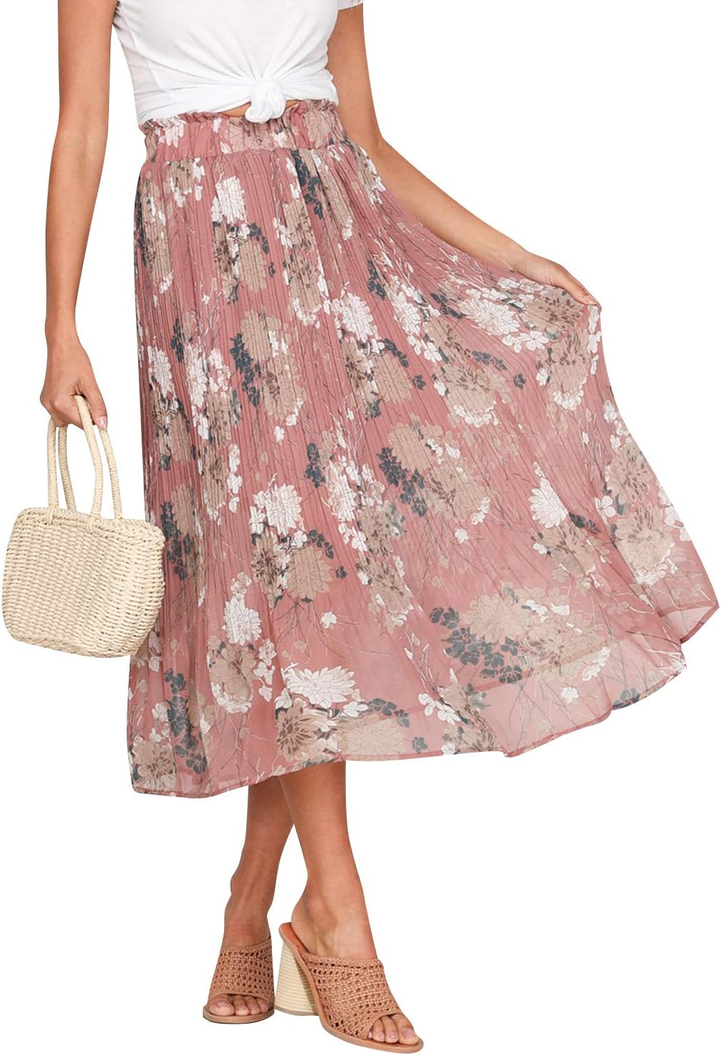Miessial Women's Chiffon High Waist Pleated Midi Skirts Boho Floral Print Skirt
