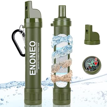 Personal Water Filter Straw 1500L 4 in 1 Outdoor Survival Water Purification Straw Remove 99.99% Bacteria & Protozoa with Whistle,Compass,Mirror for Camping Hiking Travel Emergency Gear Green