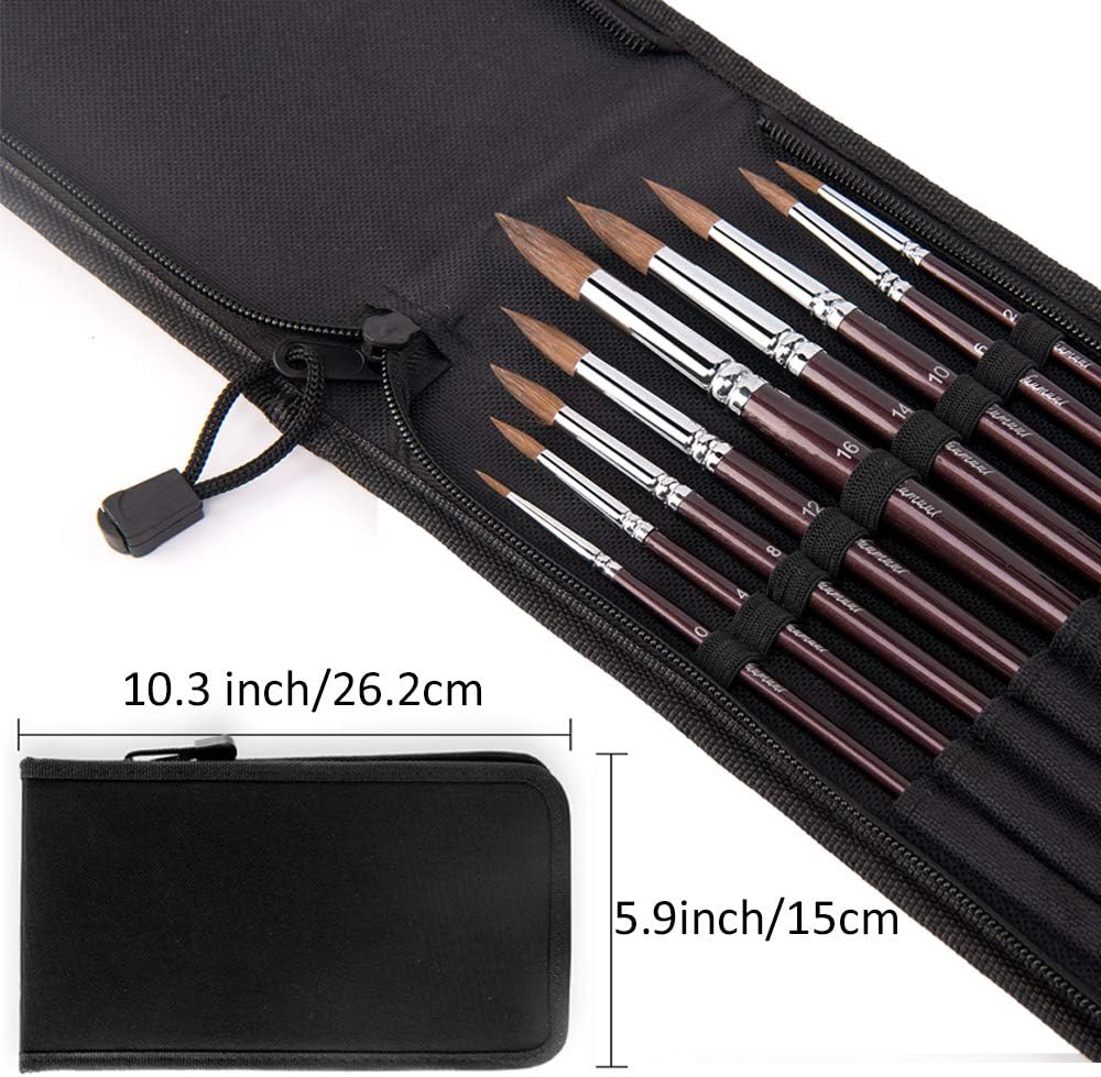 Sable Watercolor Brushes, Fuumuui 9pcs Detail to Mop Kolinsky Sable Brushes Round Pointed Professional Watercolor Brushes Perfect for Watercolor Gouache Acrylic Ink Painting