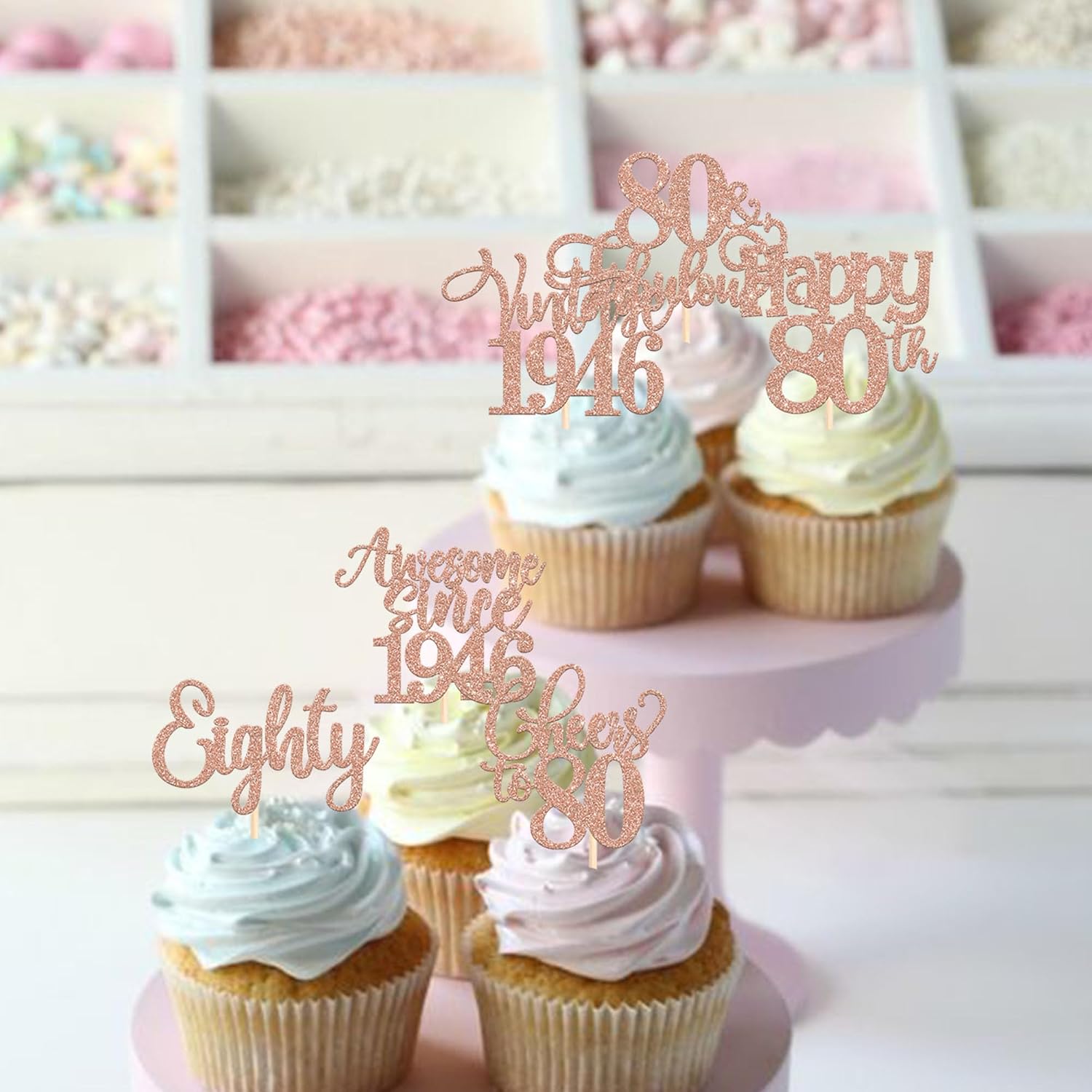 30 Pack Vintage 1946 Cupcake Toppers Glitter Happy 80th Eighty Awesome Since 1946 Cupcake Picks Sweet 80 Cake Decorations for 80th Birthday Wedding Anniversary Party Supplies Rose Gold