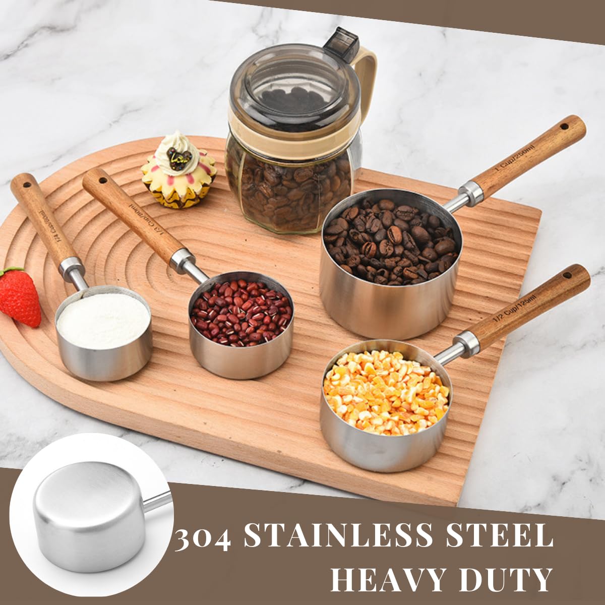 Messbecher und Löffel Set mit Holzgriff, 8 Stück Edelstahl Messlöffel und Becher mit US-Messungen zum Backen und Kochen Silber