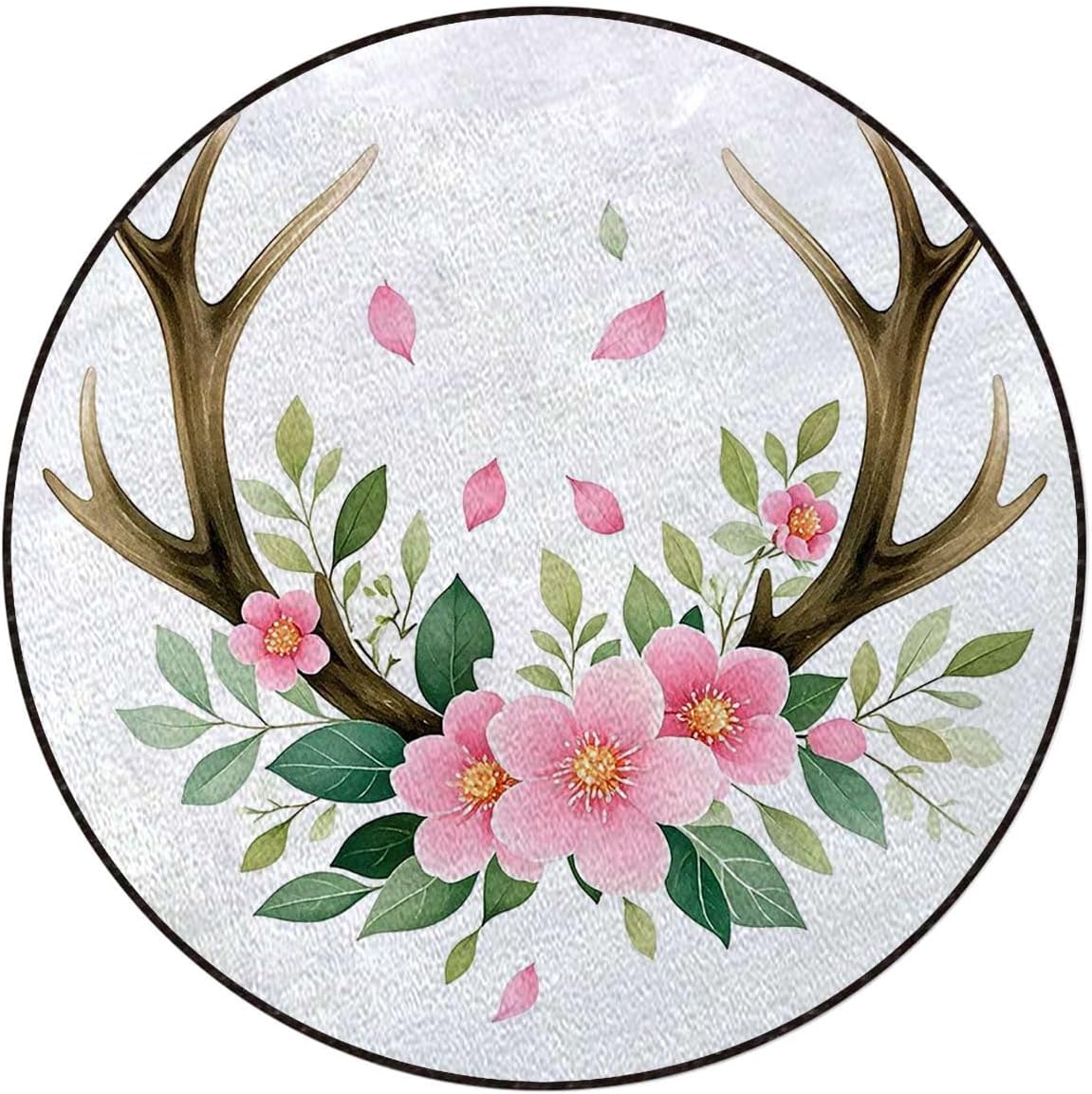 Deer Antlers Floral Round Chair Mat for Hardwood Floors, Nature Themed Design Non-Slip Low-Pile Protector for Rolling & Computer Desk Chairs, Green Pink Diameter 39.4 in