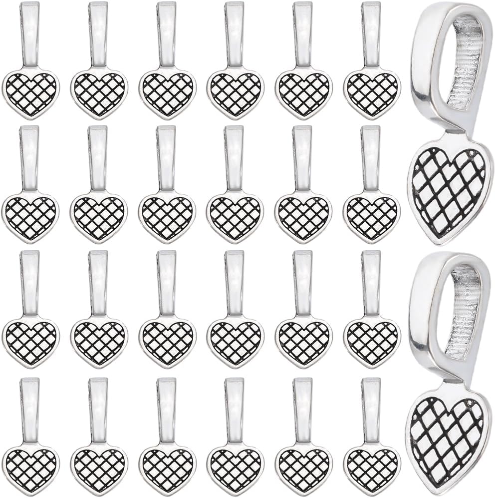 1 Box 100Pcs Glue on Bails Silver Pendant Bail Bulk Alloy Antique Vintage Carved Heart Flat Pad Retro Cabochon Charms Bails Jewelry Findings for Jewelry Making Supplies DIY Glass Gems Craft