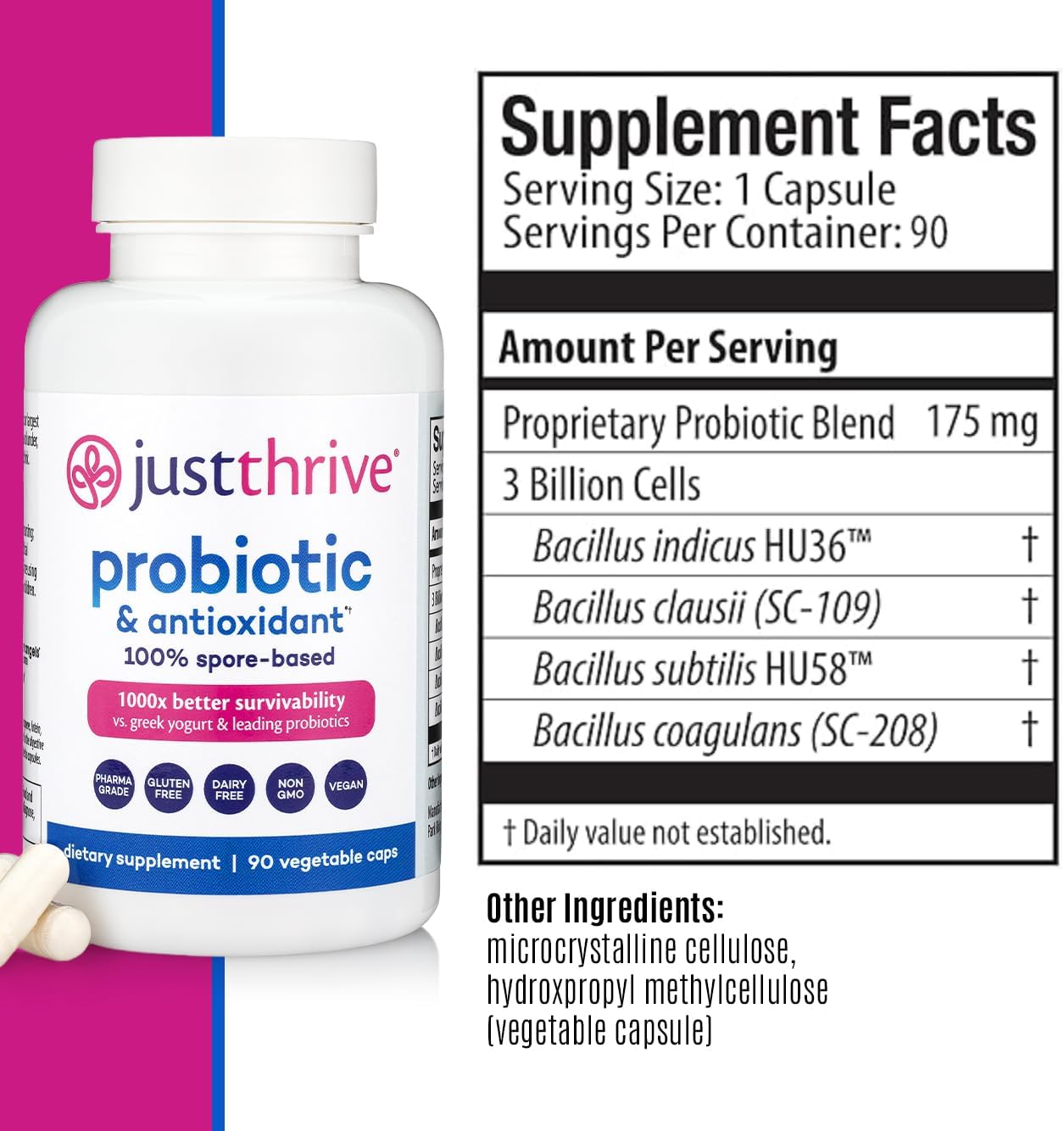 Just Thrive Probiotic & Antioxidant Supplement - 100% Spore-Based Digestive and Immune Support - Gluten Free, 90 Caps - Image 2