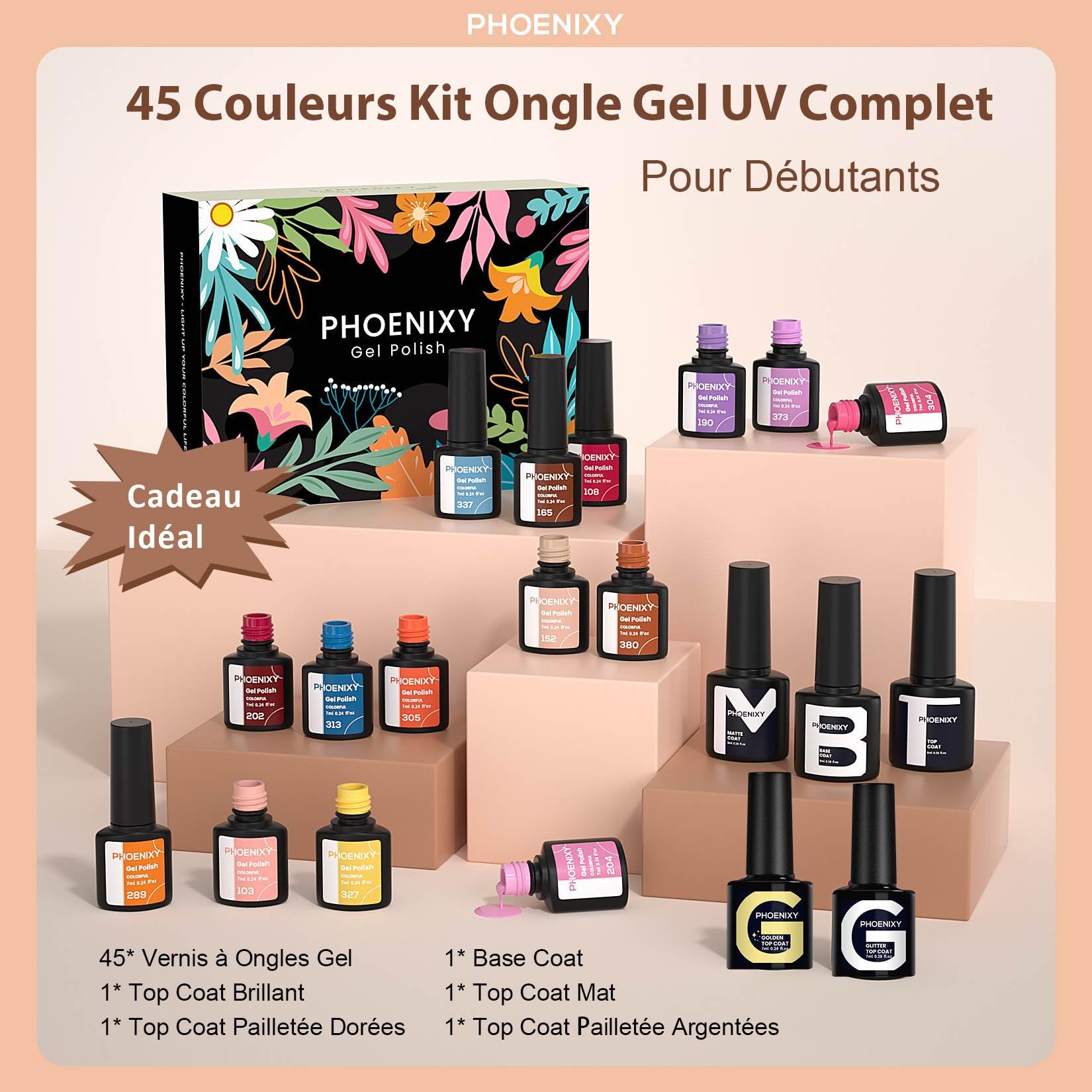 Phoenixy 50Pcs Vernis Semi Permanent 45 Couleurs Vernis Gel UV Semi Permanent avec 1 Base Coat 4 Top Coat Brillant Mat et Glitter Lot Vernis à Ongles Rose Marron Violet