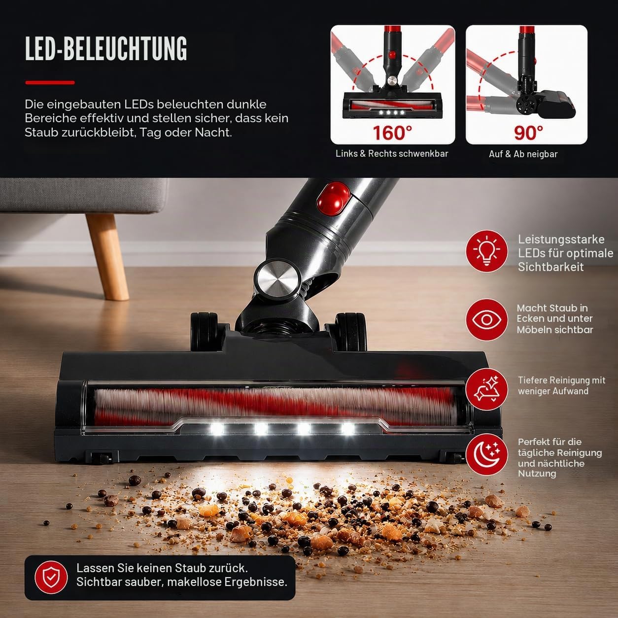 Kabelloser Staubsauger Einziehbarer 4-in-1 LED Akku Staubsauger 2-Stufen Anti-Tangle kabelloser Sauger 6×2200mAh 150W/16KPa/49Mins 1L Ultraleicht für Teppiche, Hartböden (Rot & Grau)