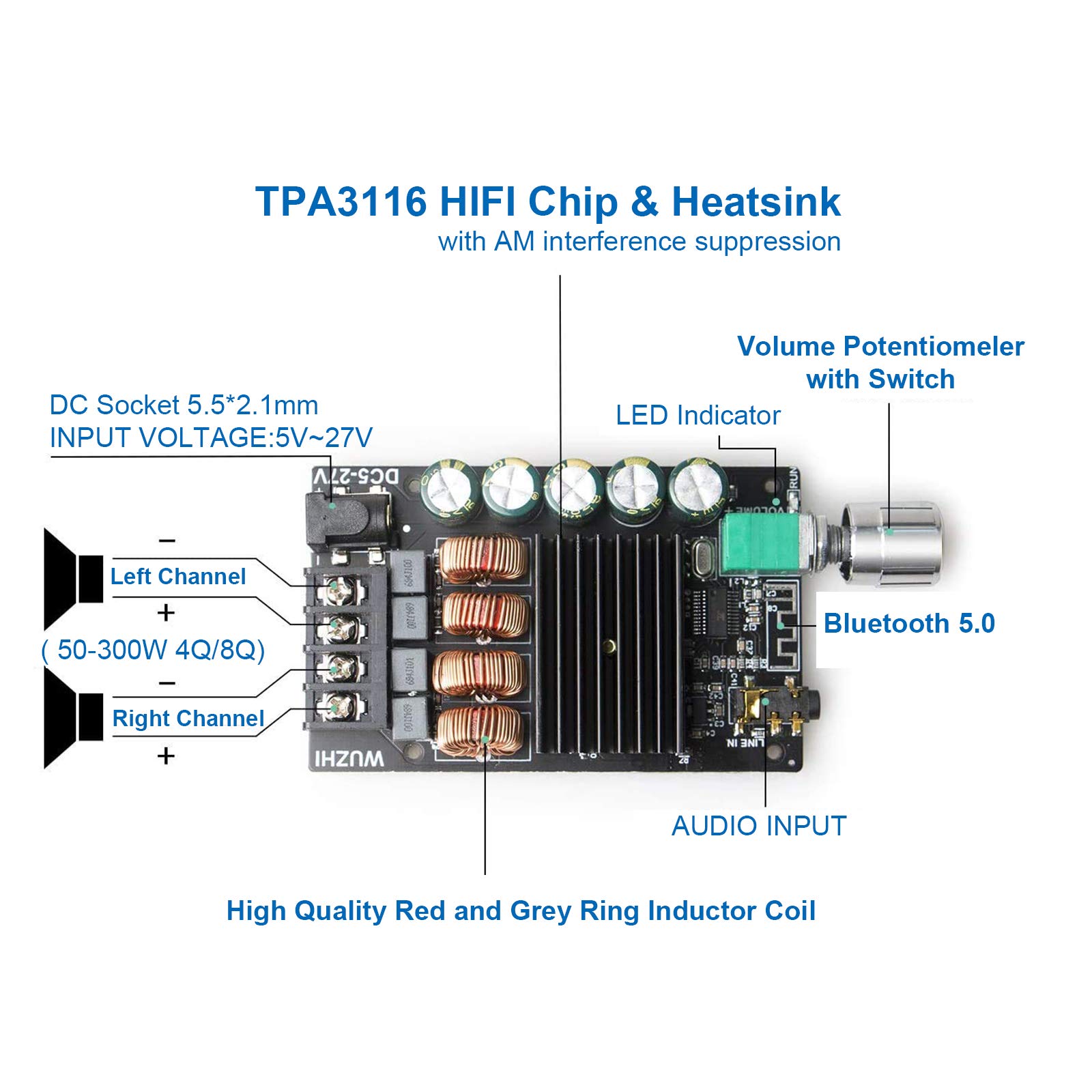 Placa amplificadora Bluetooth 200W TPA3116, Placa de Amplificador de Audio 100W + 100W con técnica de Filtro LC, Canal Dual DC8-24V, conexión sin contraseña al teléfono en Silencio