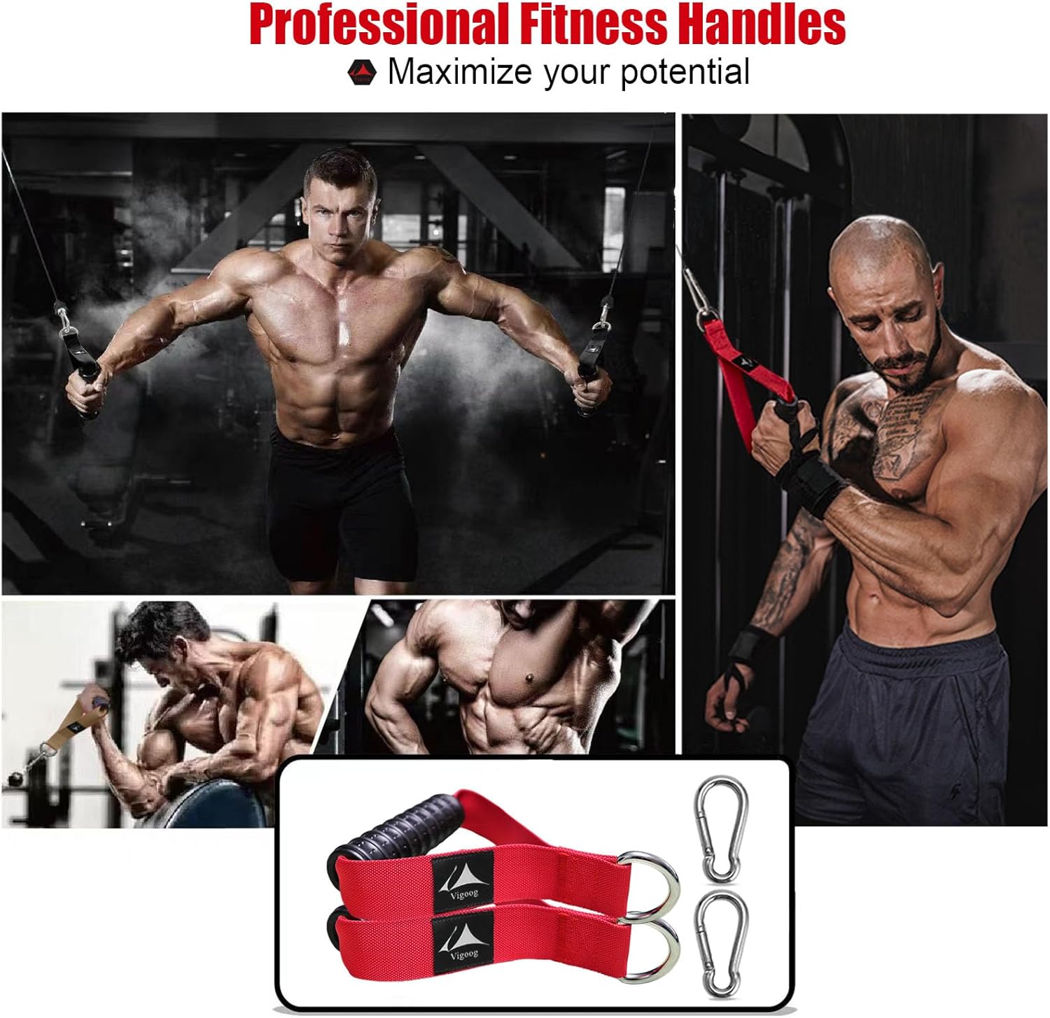 Heavy Duty Gym Exercise Handles Attachment for Cable Machine,Resistance Band,Pulley System Home Fitness Workout Equipment, with Elastic Rubber Grip and 2 Large Carabiners