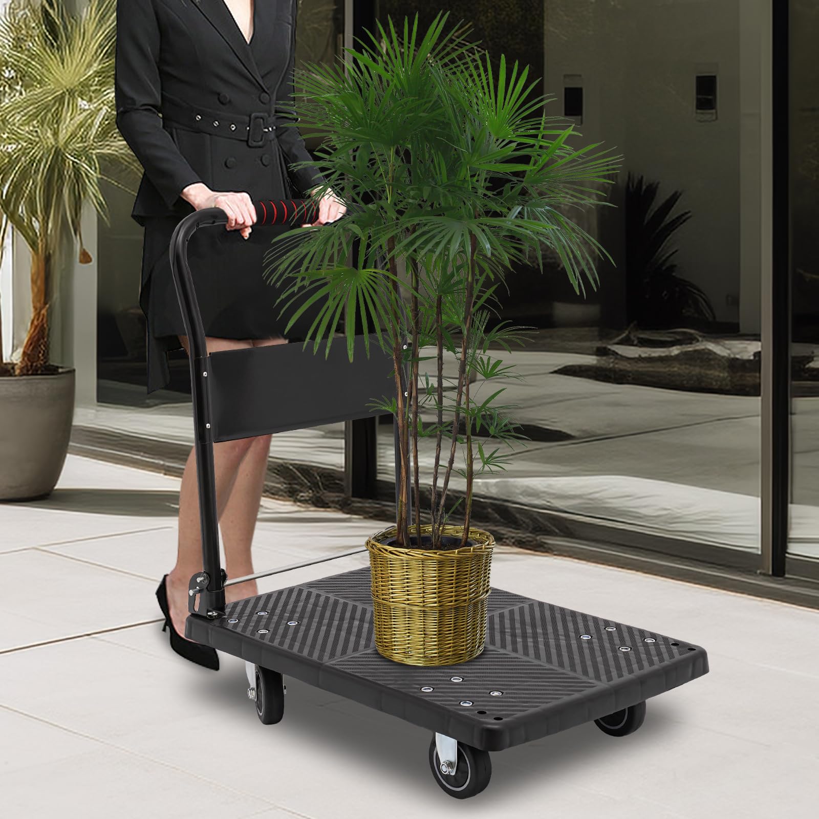 Carrello pieghevole da 150 kg, con 4 ruote TPR, impugnatura in schiuma, antiscivolo, per traslochi, magazzino, officina, ufficio, giardino e logistica, nero, 72 x 48 cm