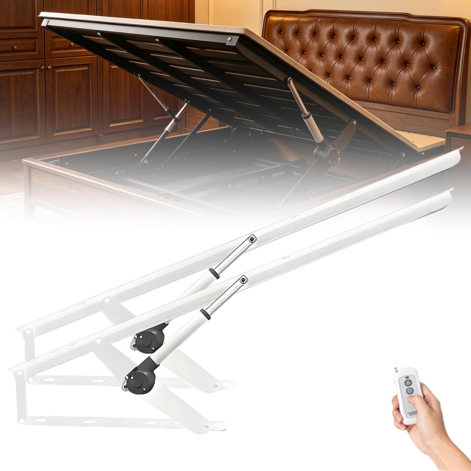 Mecanismo Eléctrico de Elevación de Cama de Acero con Control Remoto; Kit de 2 Amortiguadores de Gas de Alta Resistencia para Camas con arcón White-80cm