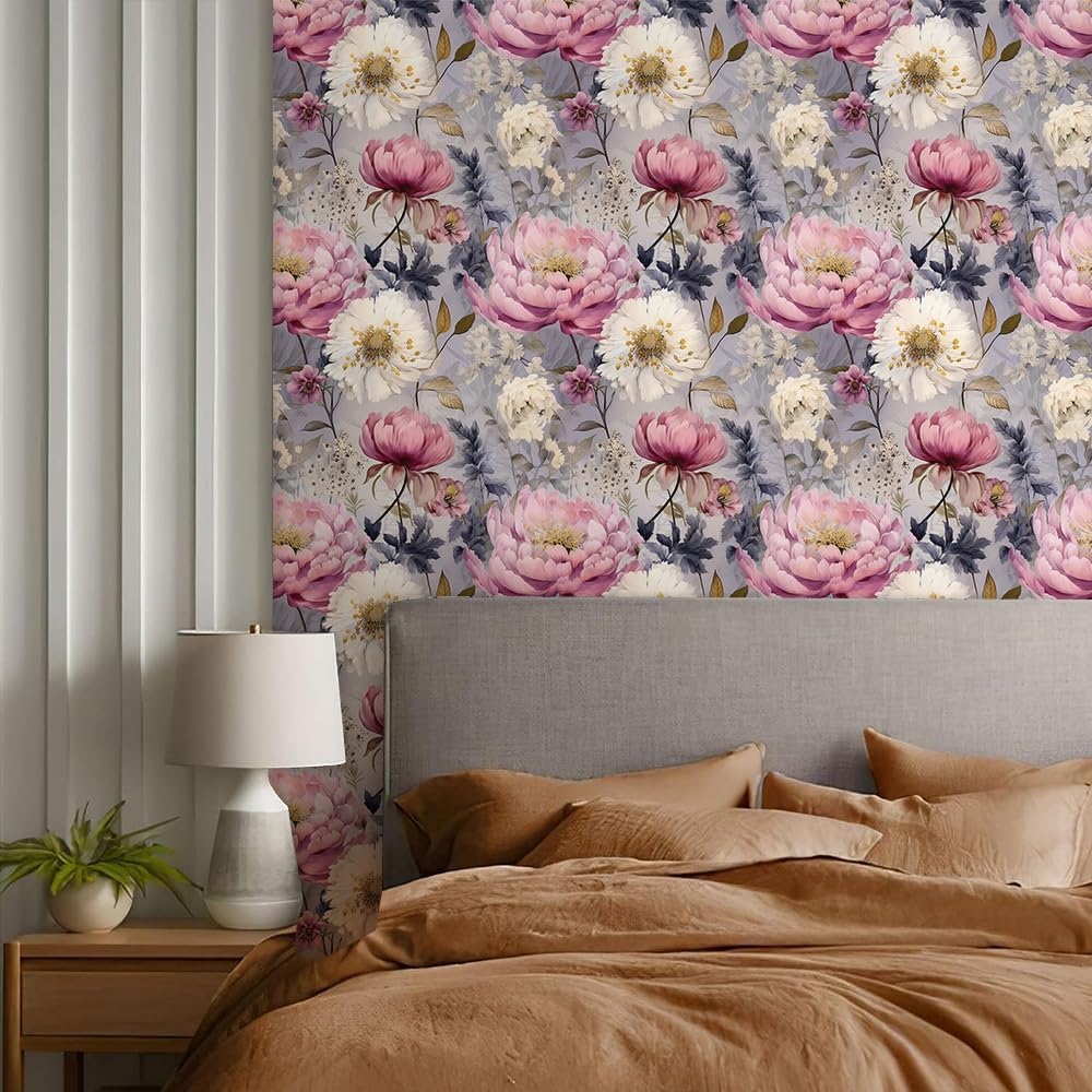 REDAMANCY Boho Purple White Peonies Flower Vintage Peel and Stick Wallpaper Vintage Wall Paper Stick on Contact Paper Easy Peel Off for nightstand Drawer Renter Friendly 17.7"x236"