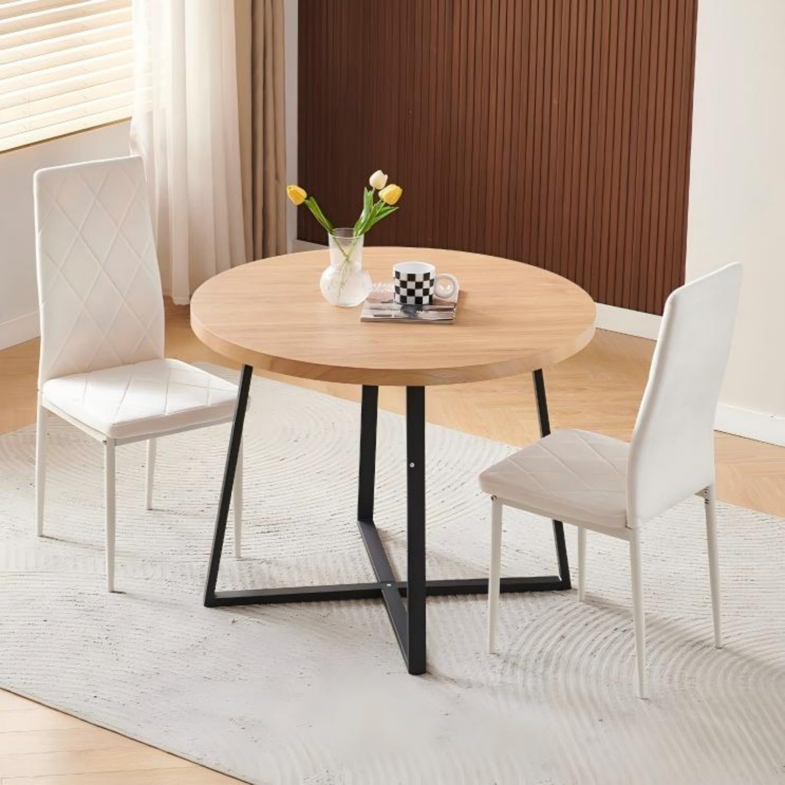 Homullel Round Dining Table and Chairs Set 2 Seater Kitchen Dining Set, 3 Pieces Table & Chairs Dinner Table Set for 2 (Oak Round Straight, 2 Seats, White Flannel Argyle Grid)