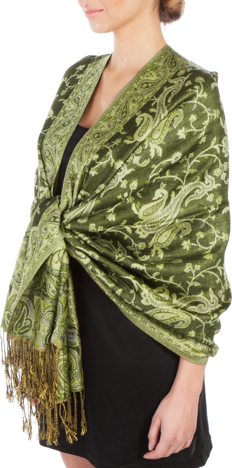 Sakkas Women's Dark Olive Green / Champagne Double Layer Jacquard Paisley Pashmina Shawl/Wrap / Stole, One Size,