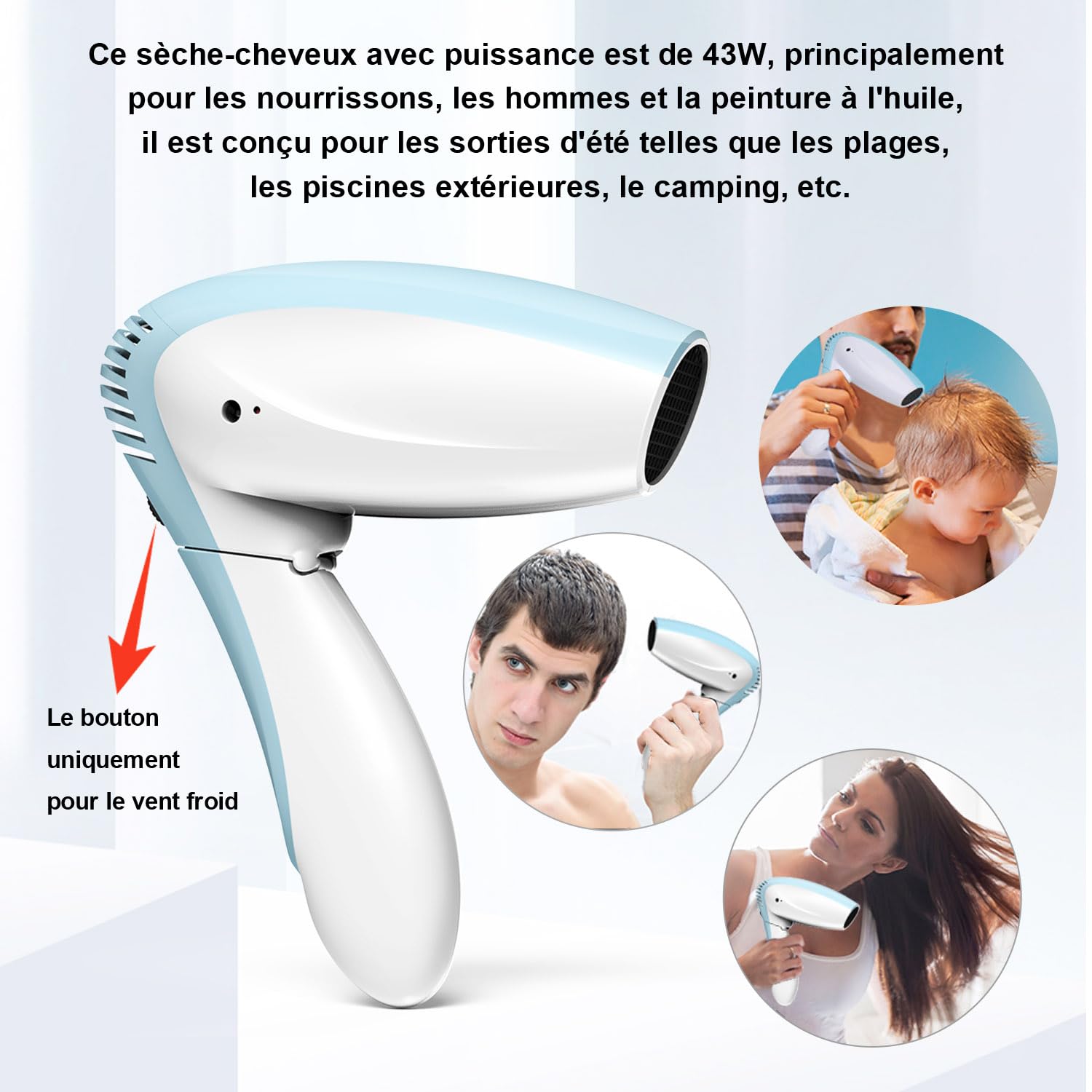 Sèche Cheveux Sans Fil Rechargeable en USB, Froid Air Mini Sèche-cheveux | Portable poignée pliable, cordless hair dryer Sèche-Cheveux Léger Pour La Maison /Le Voyage l'extérieur piscine camping BBQ