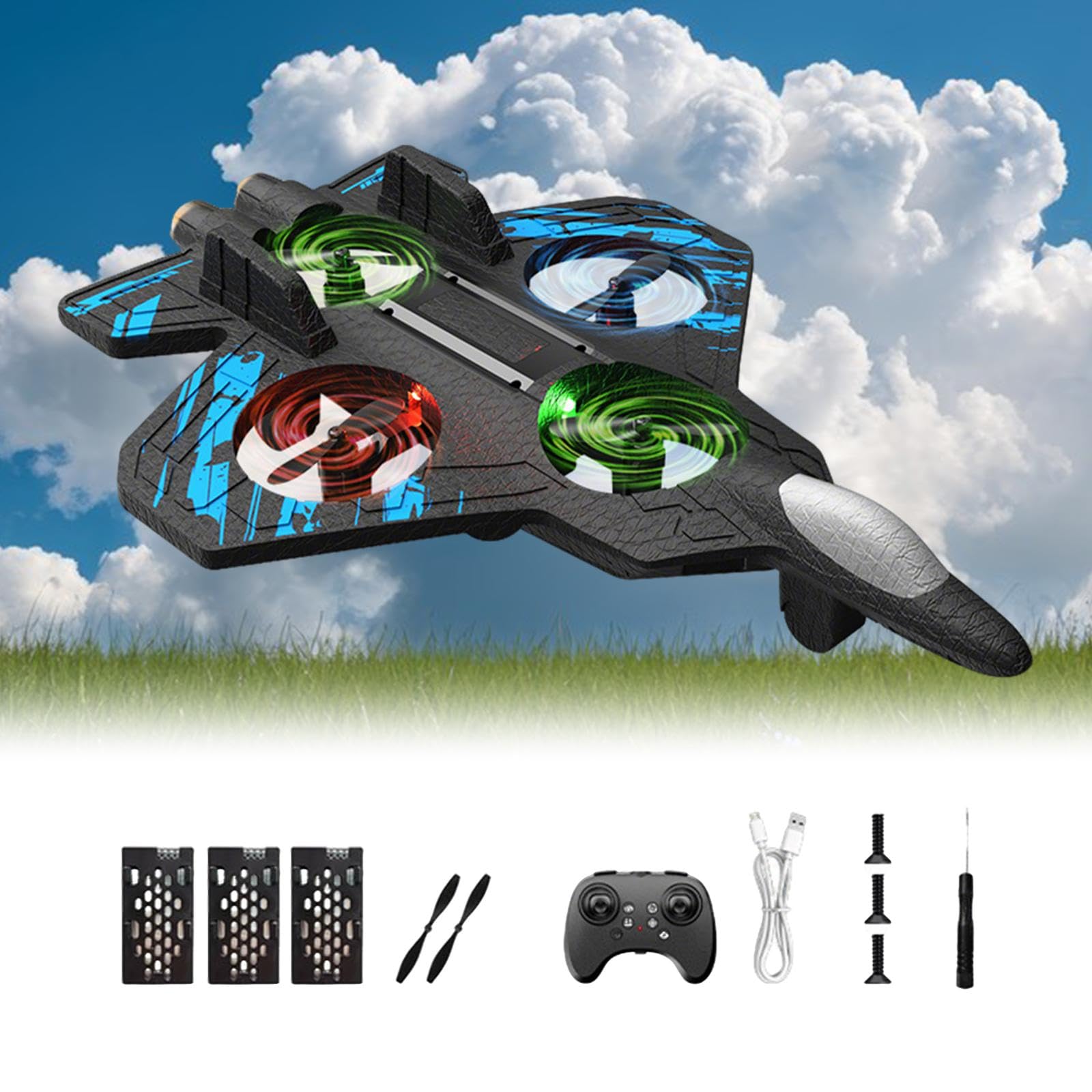 Avion Télécommandé de Chasse en Mousse avec Lumière Flip 360 Degrés, Bleu