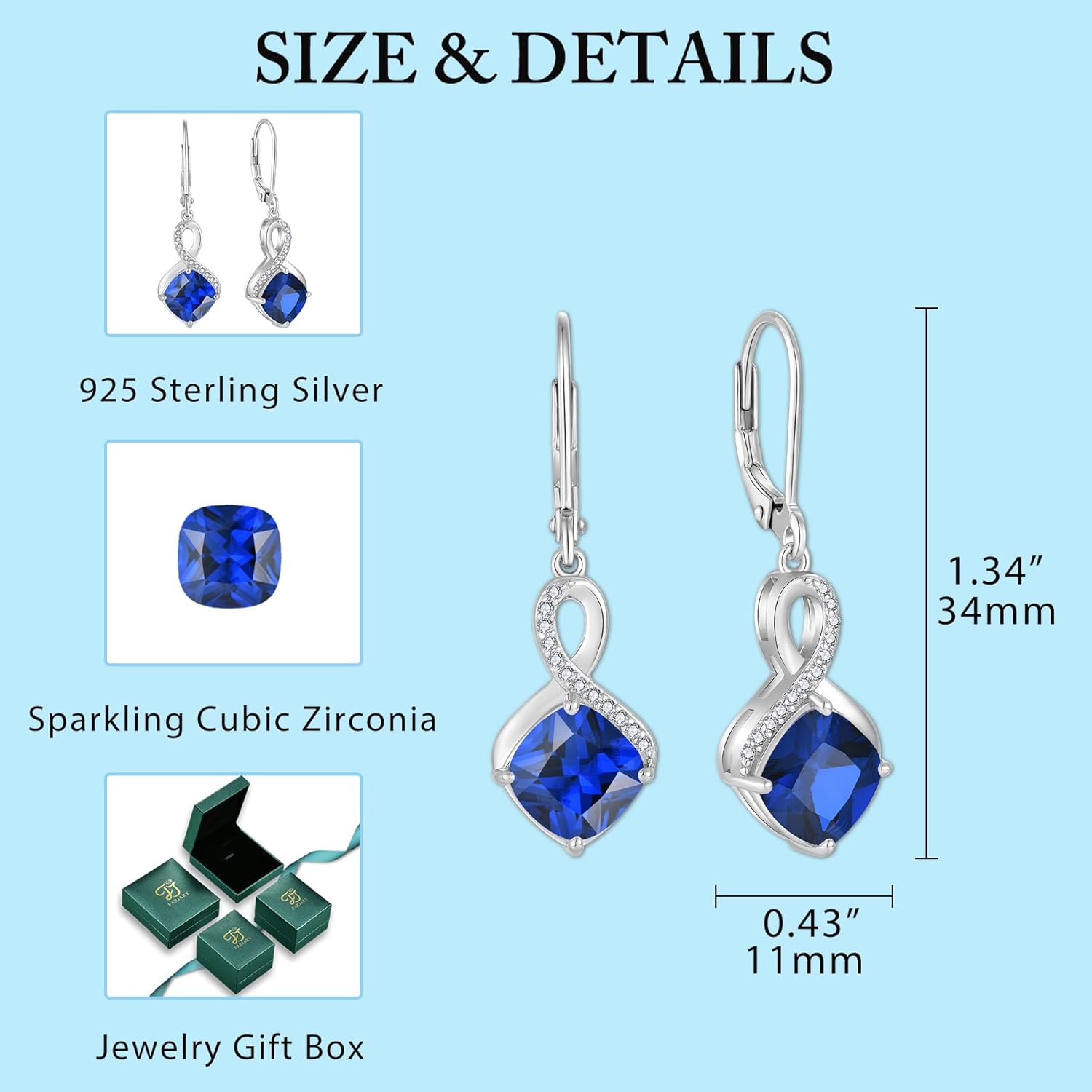 FJ Princess Cut Dangle Drop Earrings 925 Sterling Silver Infinity Leverback Earrings Birthstone Jewelry Gifts for Women - Image 6