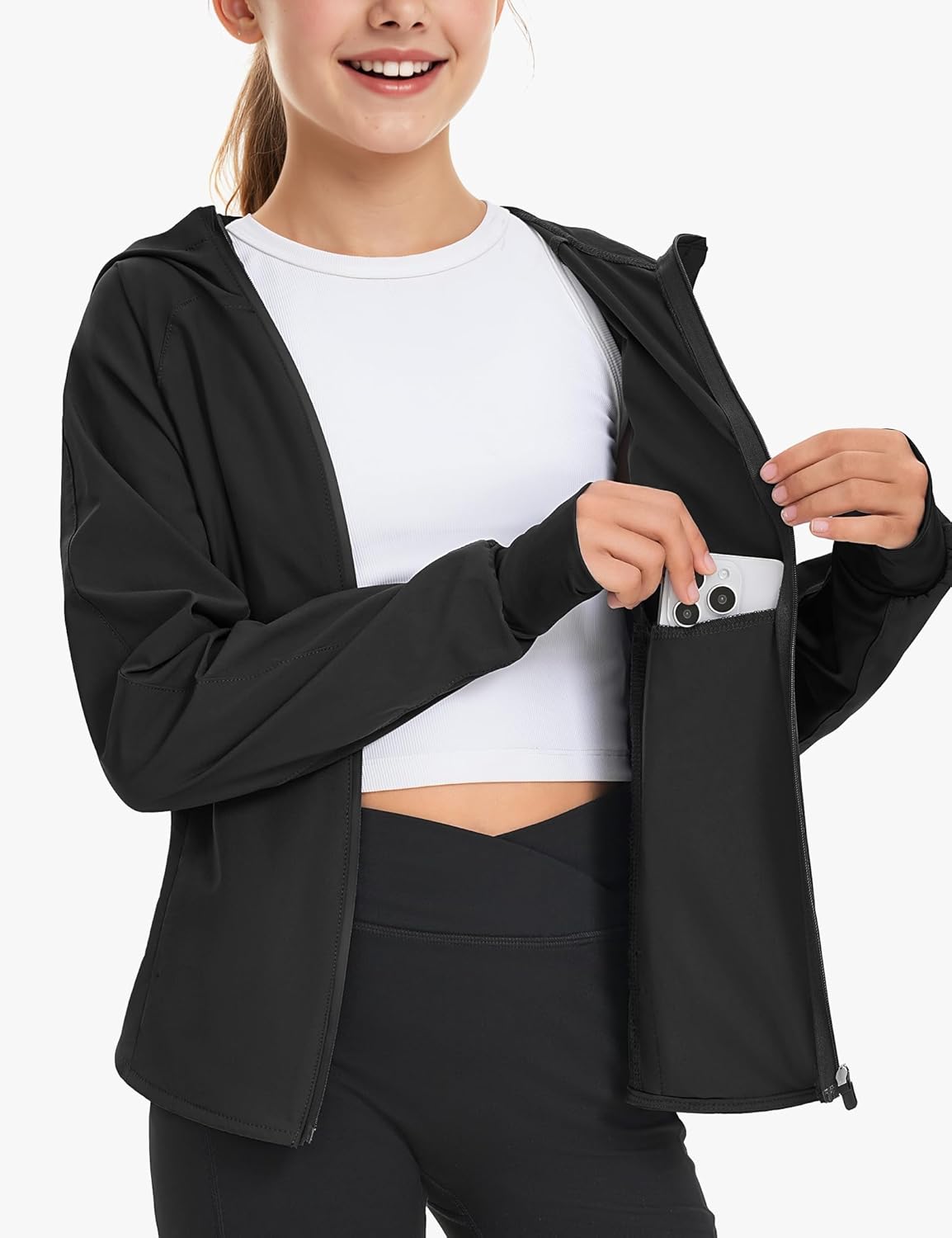 JOCMIC Girls Light Rain Jacket with Hood, Lightweight Athletic Jackets for Outdoor Sports Running Golf Hiking - Image 3