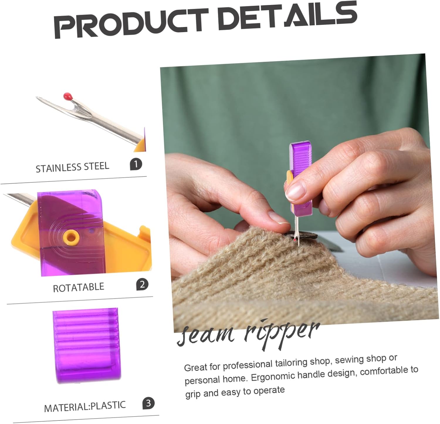Hohopeti 3pcs Seam Ripper Ergonomic Grip Stitch Removers for Sewing and Crafting Durable Thread Unpickers Orange Yellow and Purple for Removing Hems and Stitches
