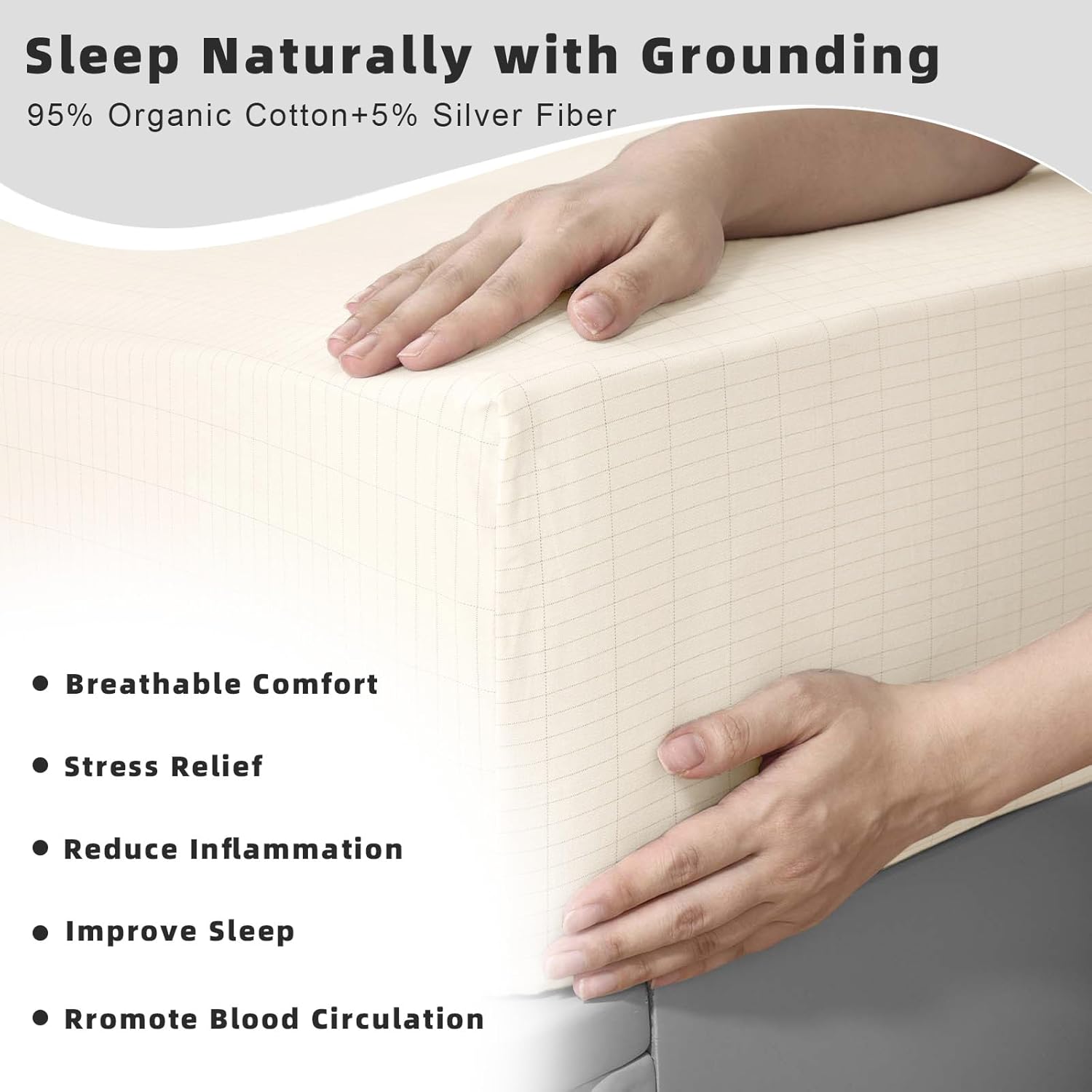 Grounding Sheets King Size,90% Organic Cotton+10% Pure Silver Fiber,Grounding Bed Sheets,Breathable and Soft Grounding Fitted Sheets(White)