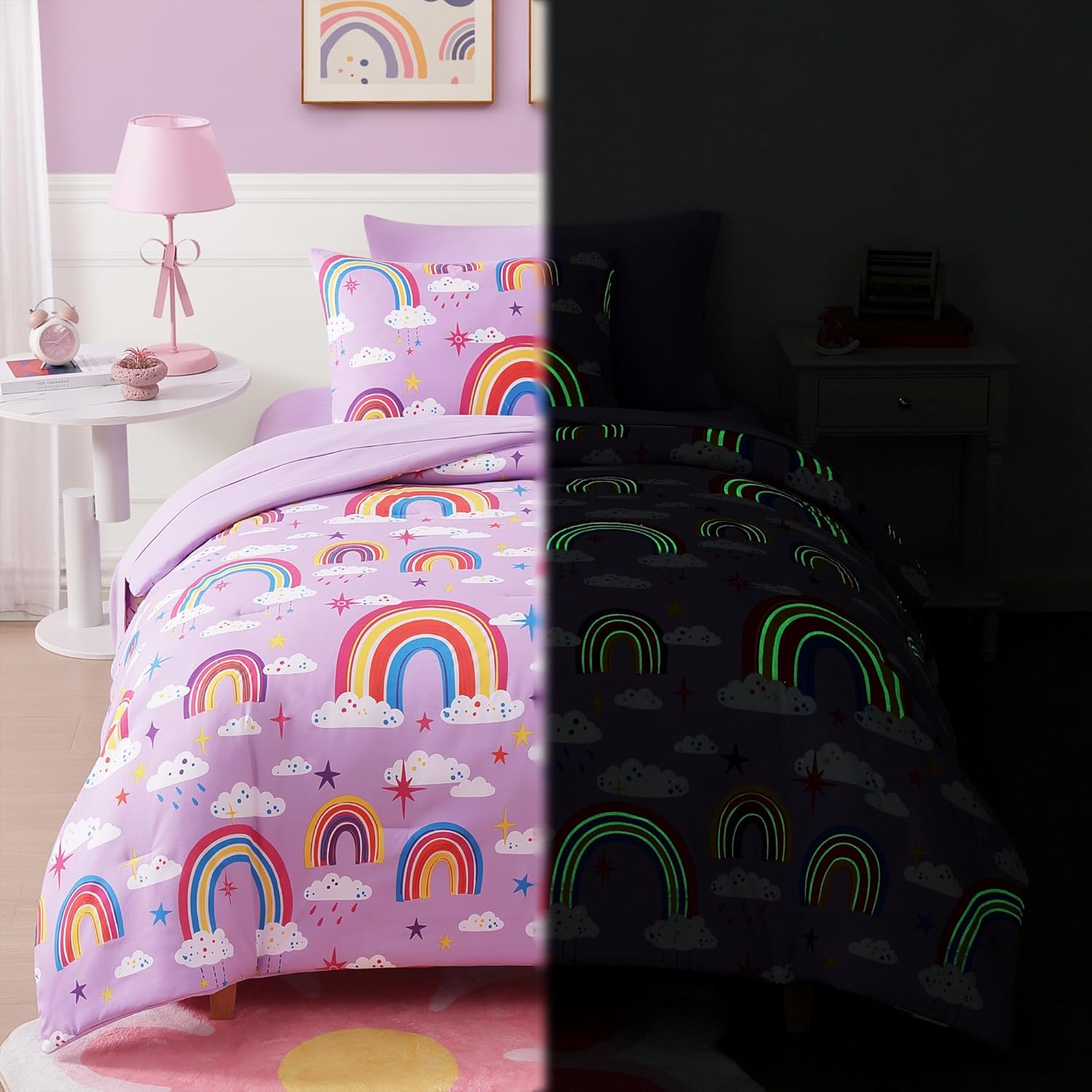 Twin Kids Comforter Set - 5 Pieces Twin Bedding Sets for Girls Teen, Glow in The Dark Purple Rainbow Bed in A Bag with Sheets - Image 7