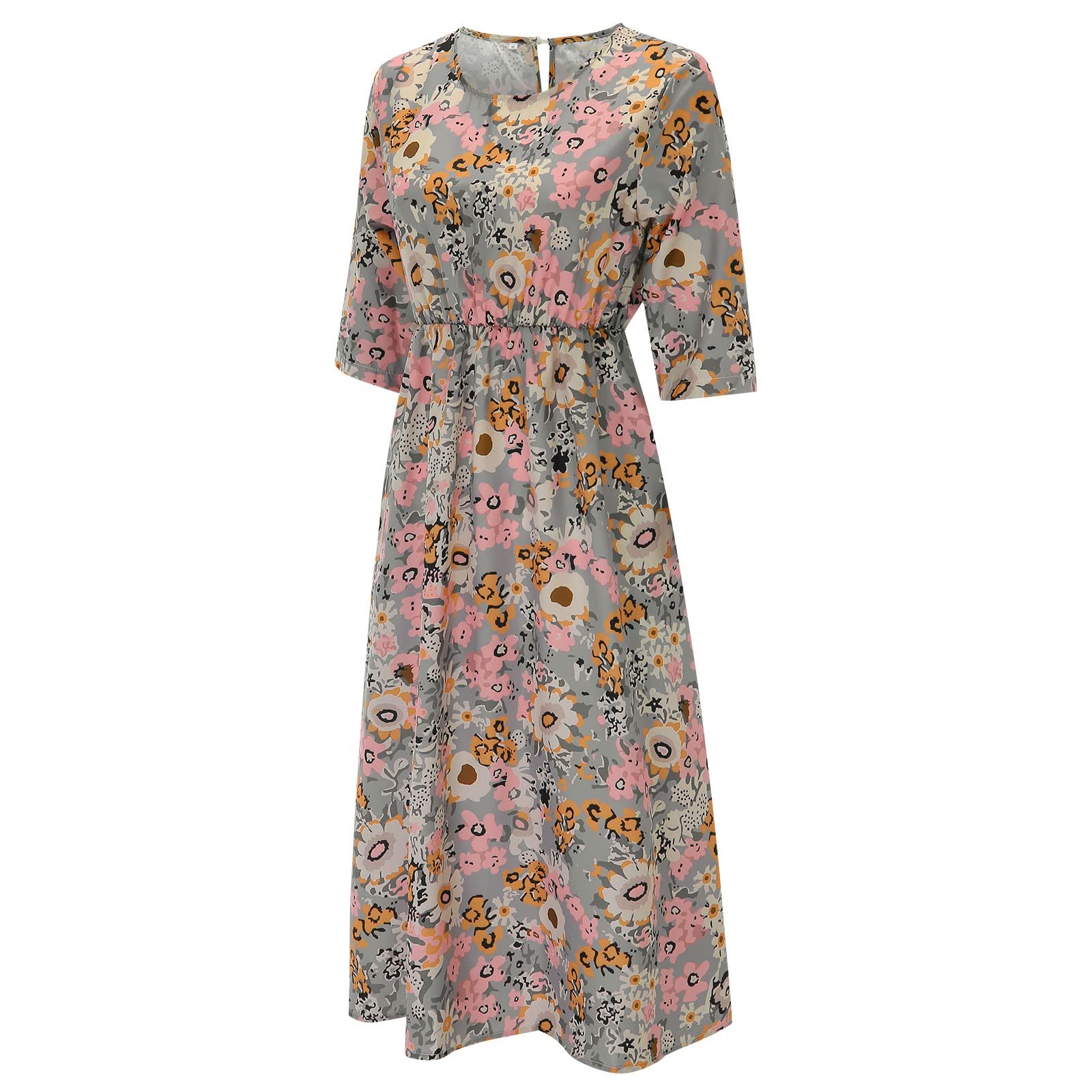 Abito da donna, casual, con motivo floreale bohémien, con tasche, maniche corte, lungo, estivo, da spiaggia