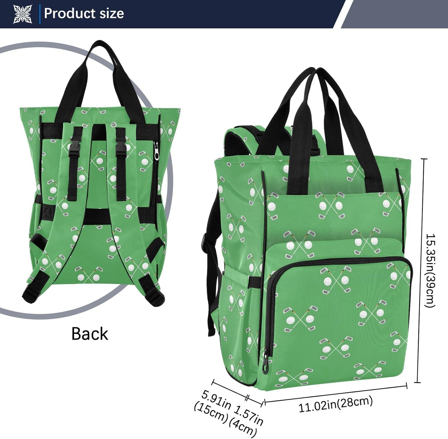 Emelivor Green Golf Ball Diaper Bag Backpack Large Capacity Multifunction Baby Bag Backpack for Boy Girl Travel Shopping Mom Dad