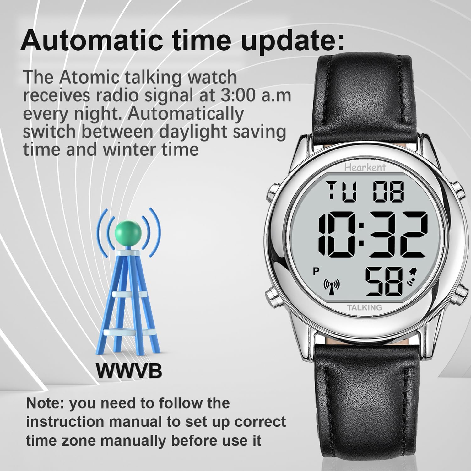 Hearkent Atomic Digital Talking Watch for Anziani Riceve segnali statunitensi Correzione automatica di ora e data Grandi numeri Facile da vedere Forte e chiaro Maschio Inglese Parlare, nero