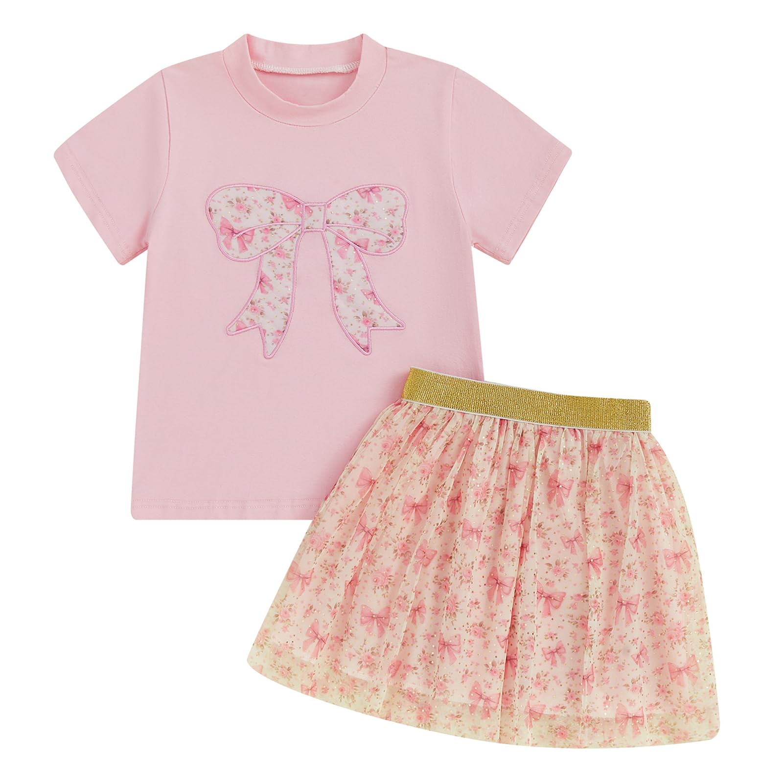 Kayotuas Toddler Girl Summer Outfits Bow Embroidery Short Sleeve T-shirt and Sparkle Tutu Skirt Cute Sister Matching Dresses