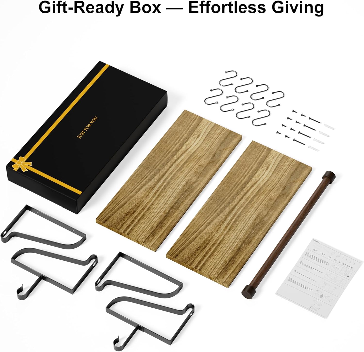 Love-KANKEI Floating Shelves Wall Mounted Set of 2, L17.3 x W7.3 Inch Storage Shelves with Wood Bar and 8 Removable Hooks for Kitchen, Coffee Bar,Bathroom, Bedroom, Living Room Carbonized Black