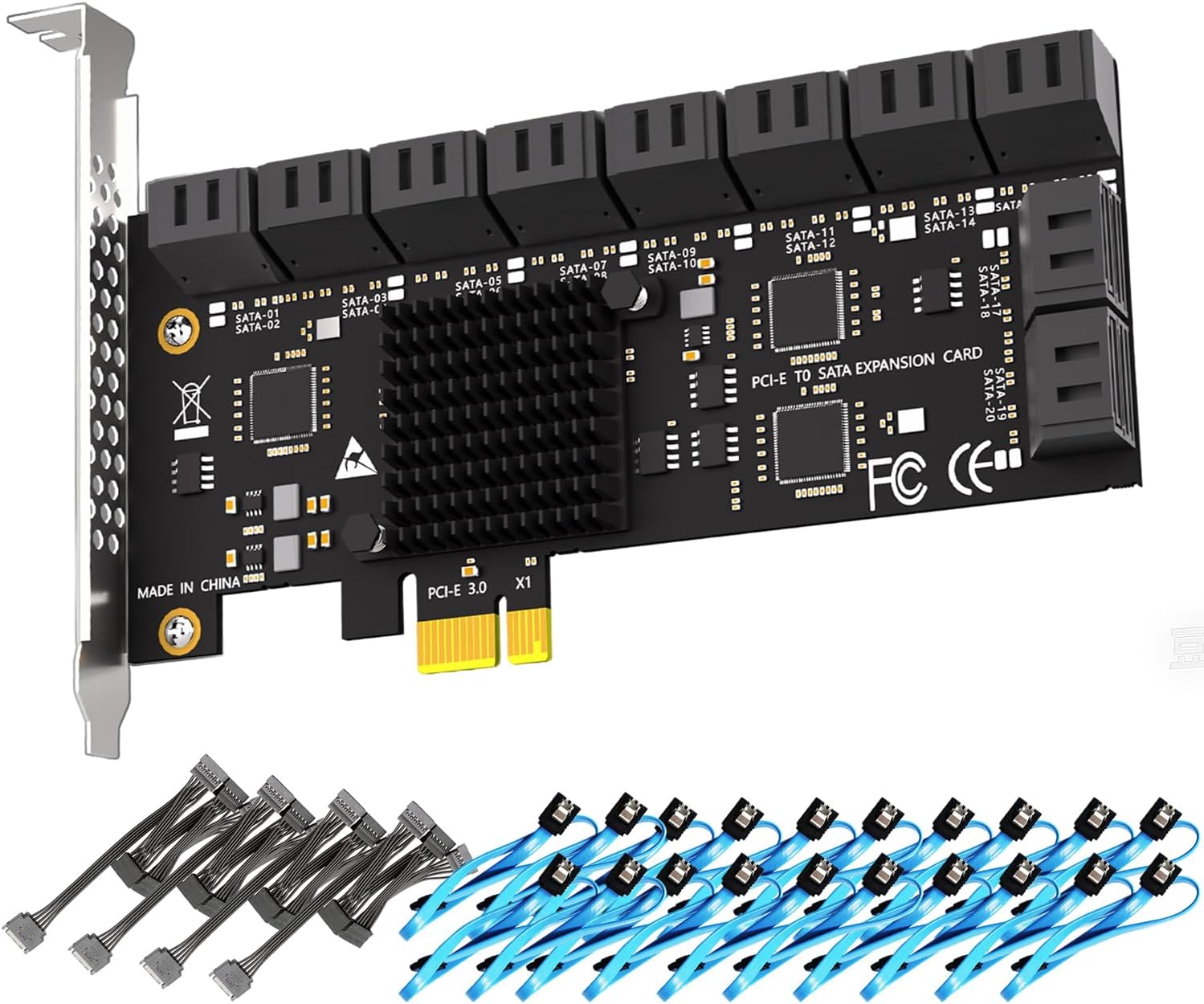 GLOTRENDS SA3120-C 20-Port PCIe X1 SATA Expansion Card with SATA and Power Cables, Compatible with Windows,Linux,Mac OS,NAS