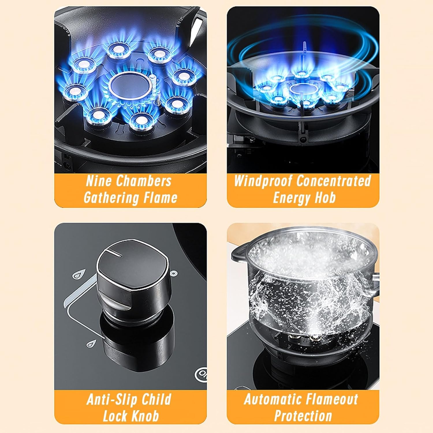 Gas Stove 33cm, Timer 5.2KW 9-Cavity Fire Ring Wok Burner, Black Tempered Glass Countertop for Cooking, with Flameout Protection, Suitable for Home Kitchens (Size : LPG)