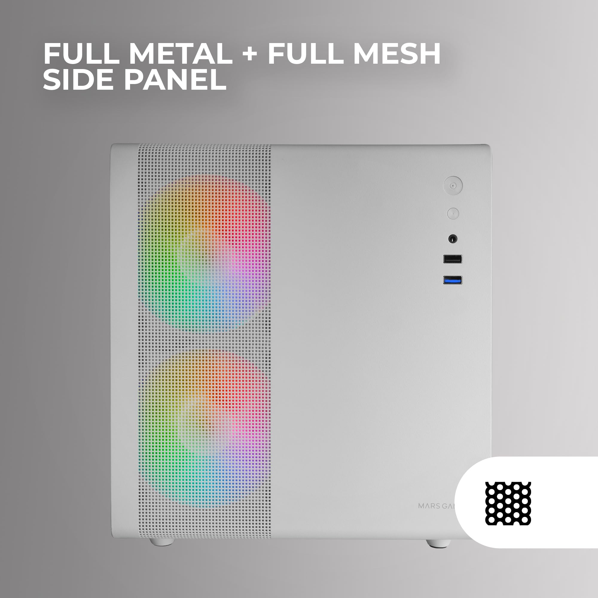 Mars Gaming MC-400, Case Gaming Compatto Micro-ATX, Finestra Laterale Totale Vetro Temperato, 3x Ventole FRGB 120mm, Pannello Laterale Completo Mesh, Bianco