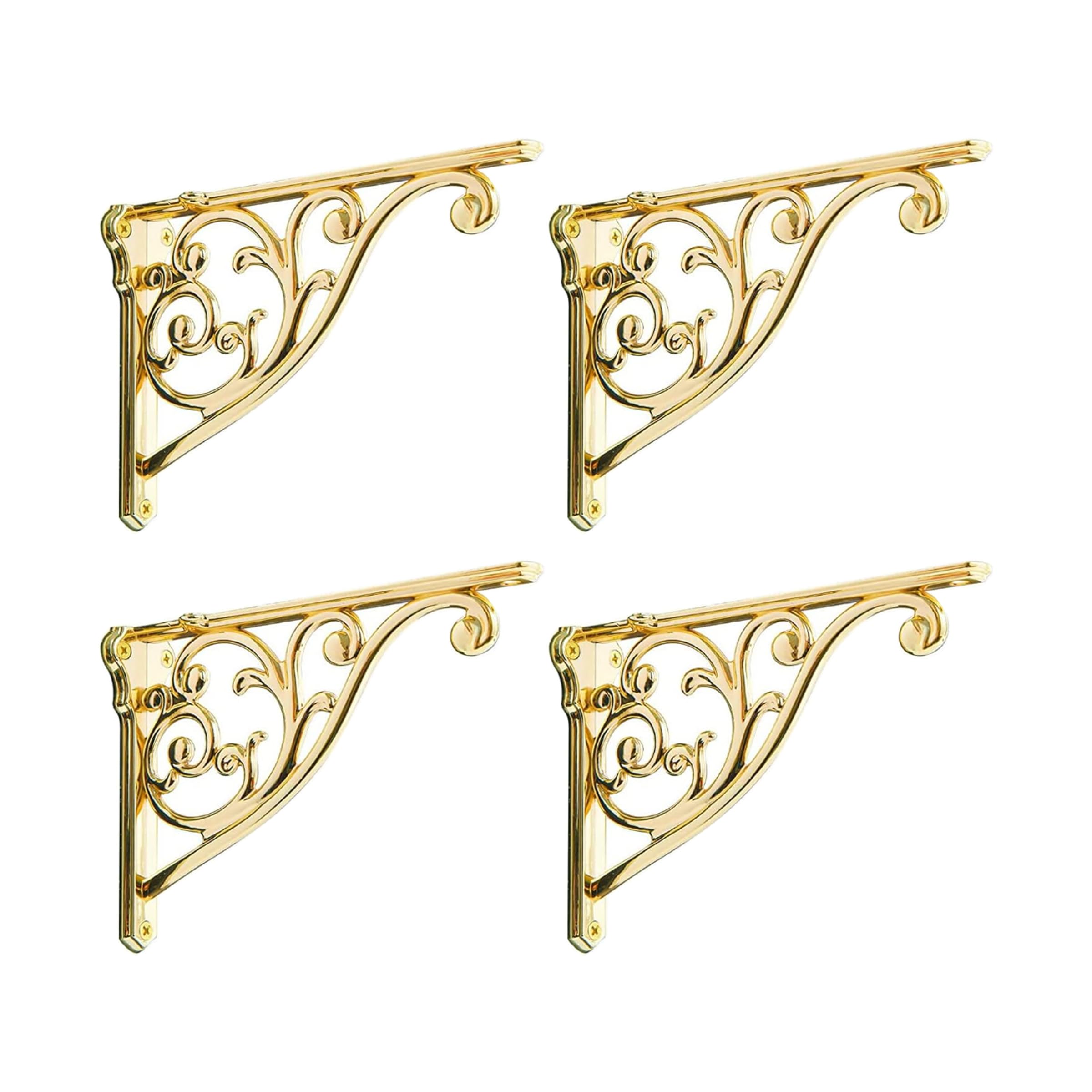 KHTUMEWARE Polished Nickel Shelf Bracket 8 in, 4 Pack Decorative Brackets for Shelving, Heavy Duty Vintage Brass Shelf Bracket, DIY Baroque Style Projects, Hardware Included, 7.87x5.5x1.73 in image