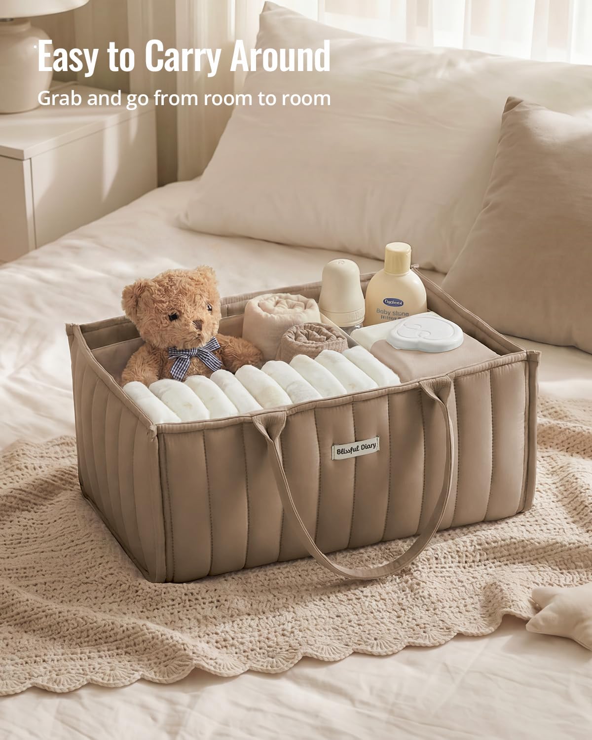 Blissful Diary Organizer na pieluchy dla niemowląt, stylowy kosz do przechowywania niezbędnych artykułów dla noworodka i stacji na pieluchy, prezent na baby shower i niezbędny element listy, brązowy