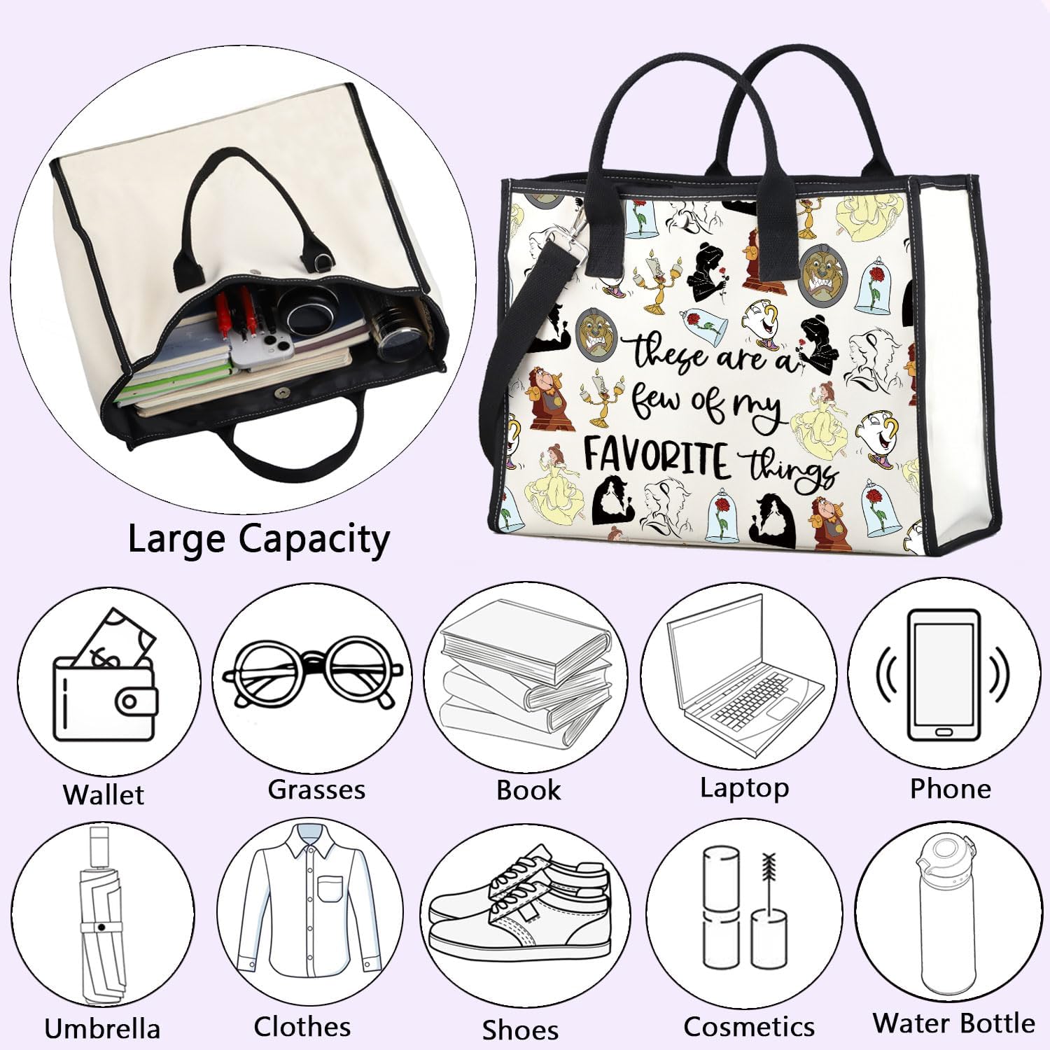 ENSIANTH Beauty Inspired Shoulder Bag Belle Princess Lover - Fairy Tales - A Tale as Old as Time-Family Trip -Beast Tote Bag (Beauty thing TB)