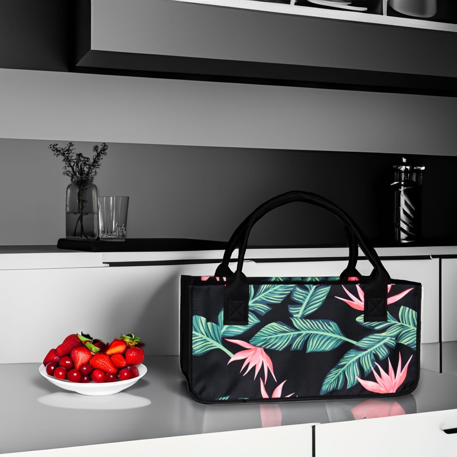 2 bolsas de fieltro negro para bolsa de compras, bolsa de troncos de chimenea, cesta de periódicos, cesta para troncos, Flor - Rosa, 50 x 25 x 25 cm