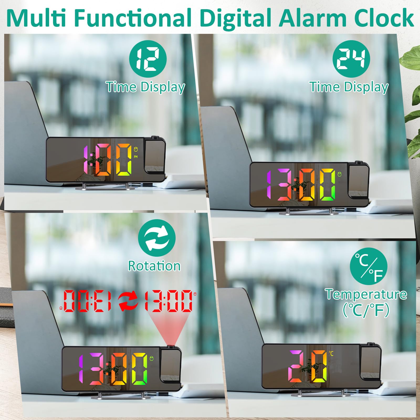 Sveglia con Proiettore, 7,9 Pollici Sveglia Digitale da Comodino con Proiettore con Rotazione di 180°, Orologio a Specchio LED con Temperatura, Snooze, 3 Luminosità, 12/24H, Cifre Colorate
