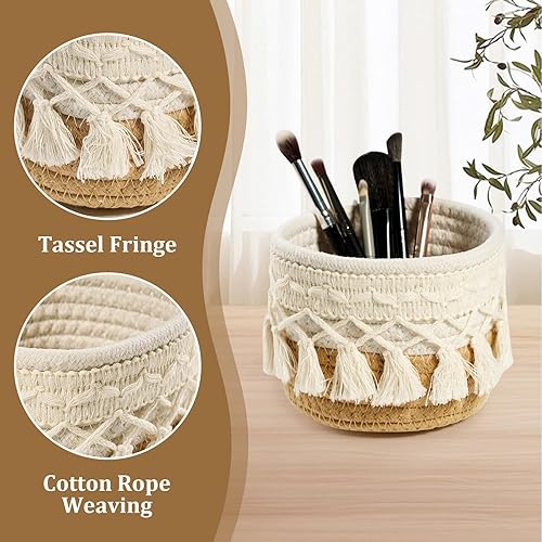 Miniatura 3 de HEAVYWOOD Organizador de brochas de maquillaje de macramé, mini contenedores de maquillaje, cesta de almacenamiento redonda bohemia de 4.7 x 3.9