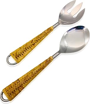 Stainless Steel Salad Spoon Set with Rattan Wrapped Handles 2-Piece Serving Utensils for Salad, Pasta, Fruits Rustic Handwoven Kitchen Tools for Dining, Cooking, Entertaining & Gifting
