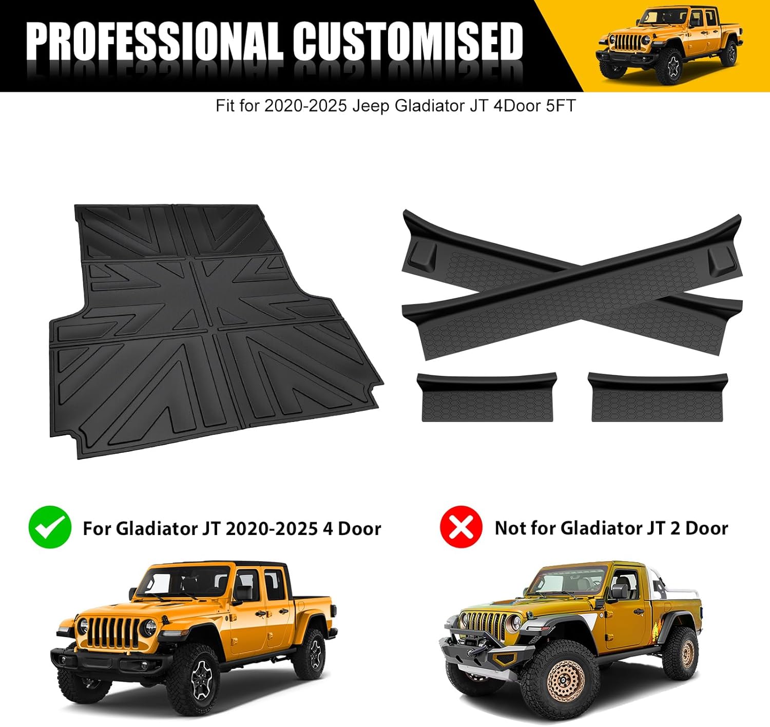 Bed Mat & Door Sill Guards for 2020-2025 Jeep Gladiator JT 4 Door, All Weather TPE Truck Cargo Bed Liner(5FT) with Door Sill Protector for 2020-2023 2024 2025 Gladiator Pickup Accessories