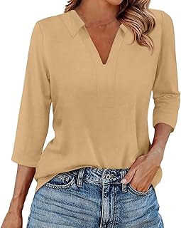 Womens Summer Tops 3/4 Sleeve Henley V Neck Summer Shirts Casual Elbow Length Button Down Floral Print Blouses
